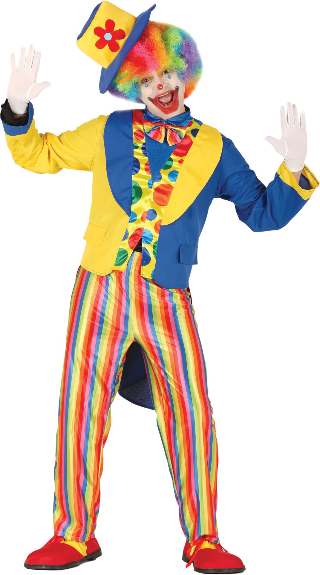 Grappig gekleurd clown kostuum