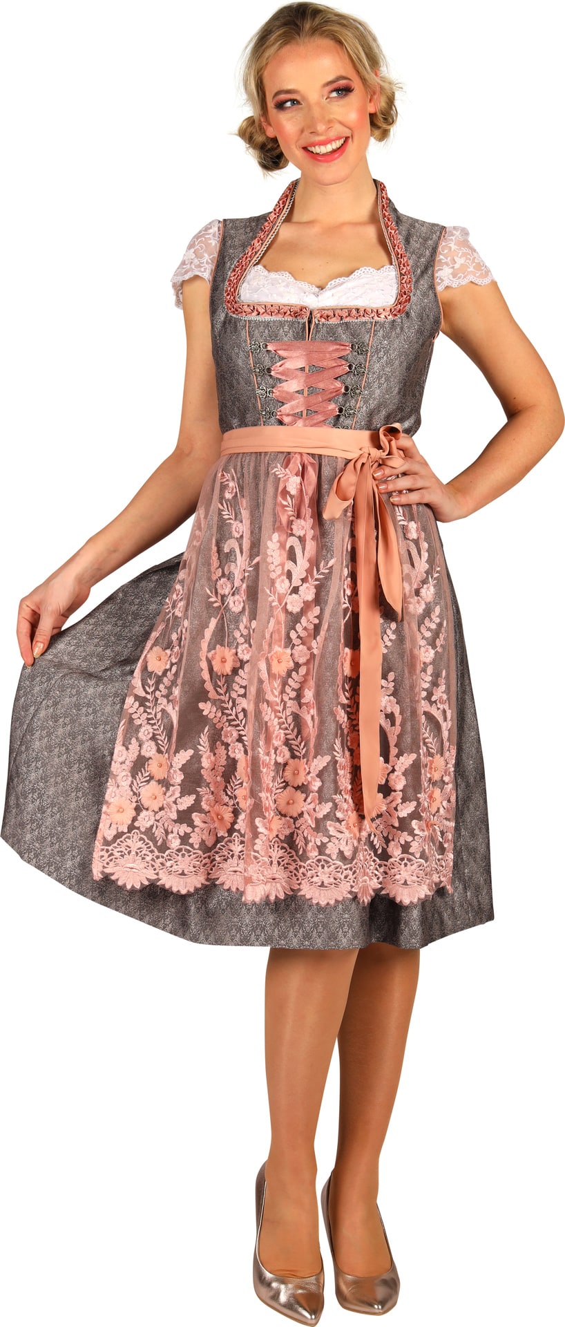 Grijs Roze Oktoberfest Dirndl met Schort Dames