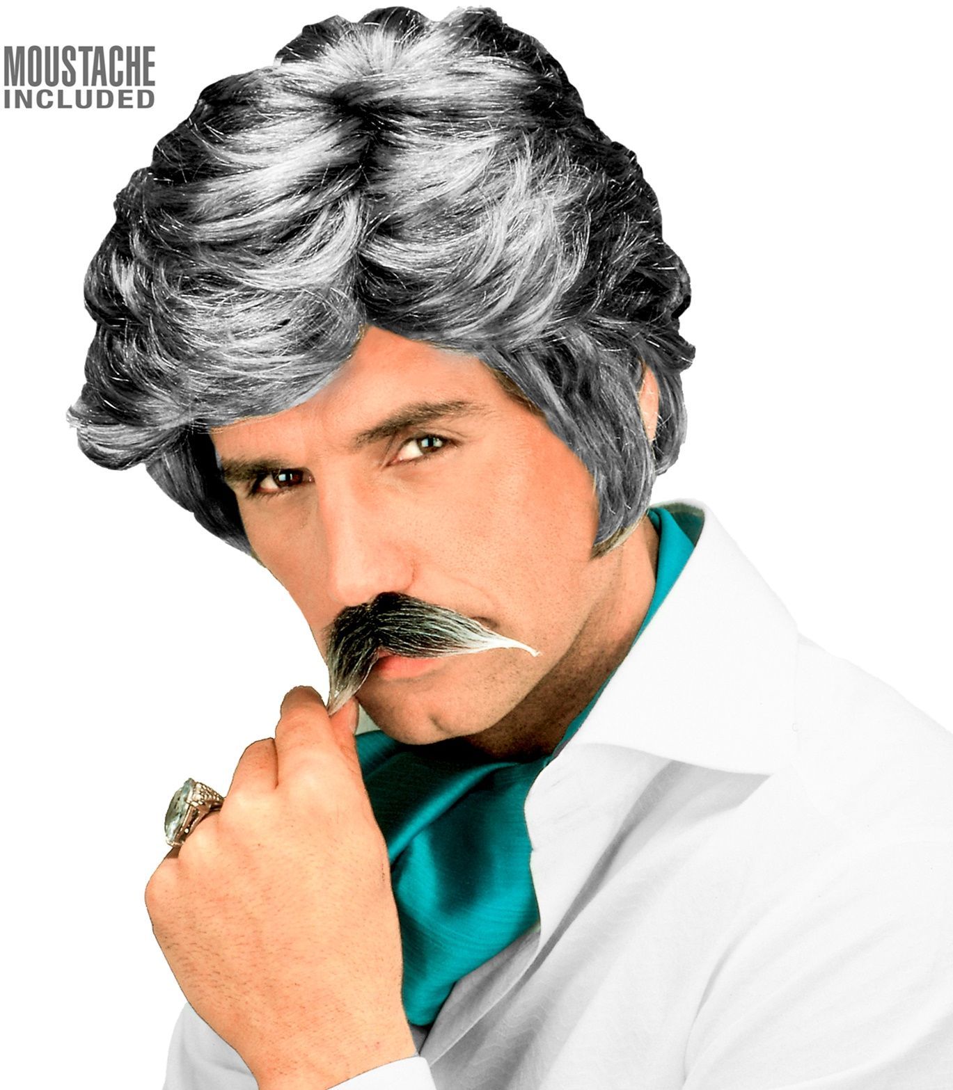 Grijze 80's Playboy Pruik met Snor