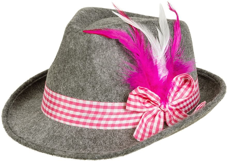 Grijze duitse hoed met roze veren