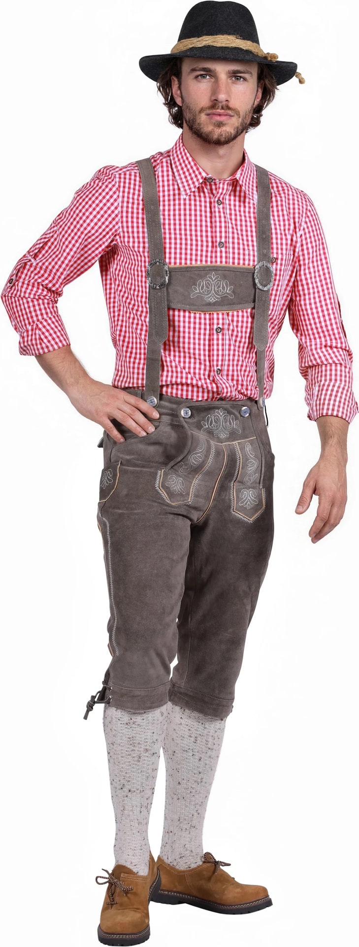 Grijze Leren Oktoberfest Lederhose met Bretels voor Heren
