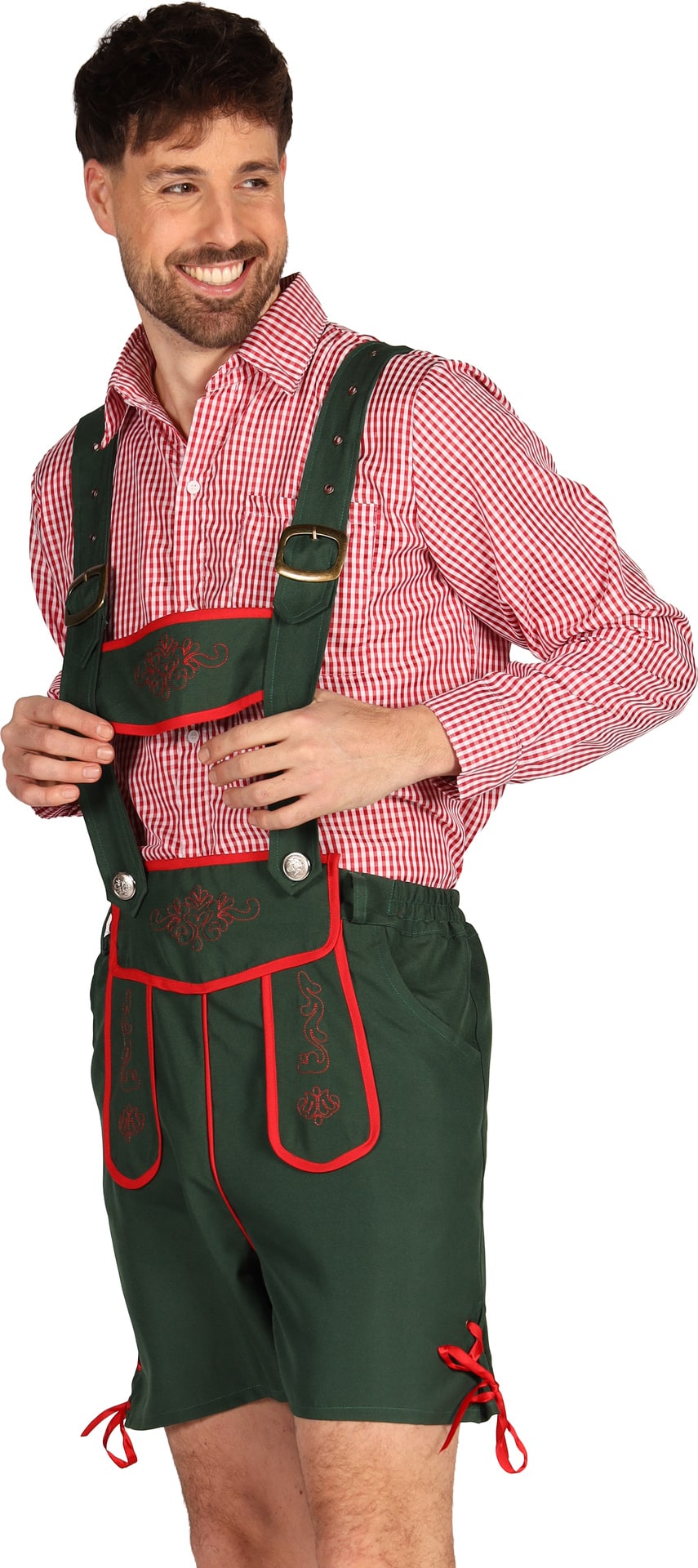 Groen Lederhose Kostuum Heren met Rood Witte Blouse Oktoberfest