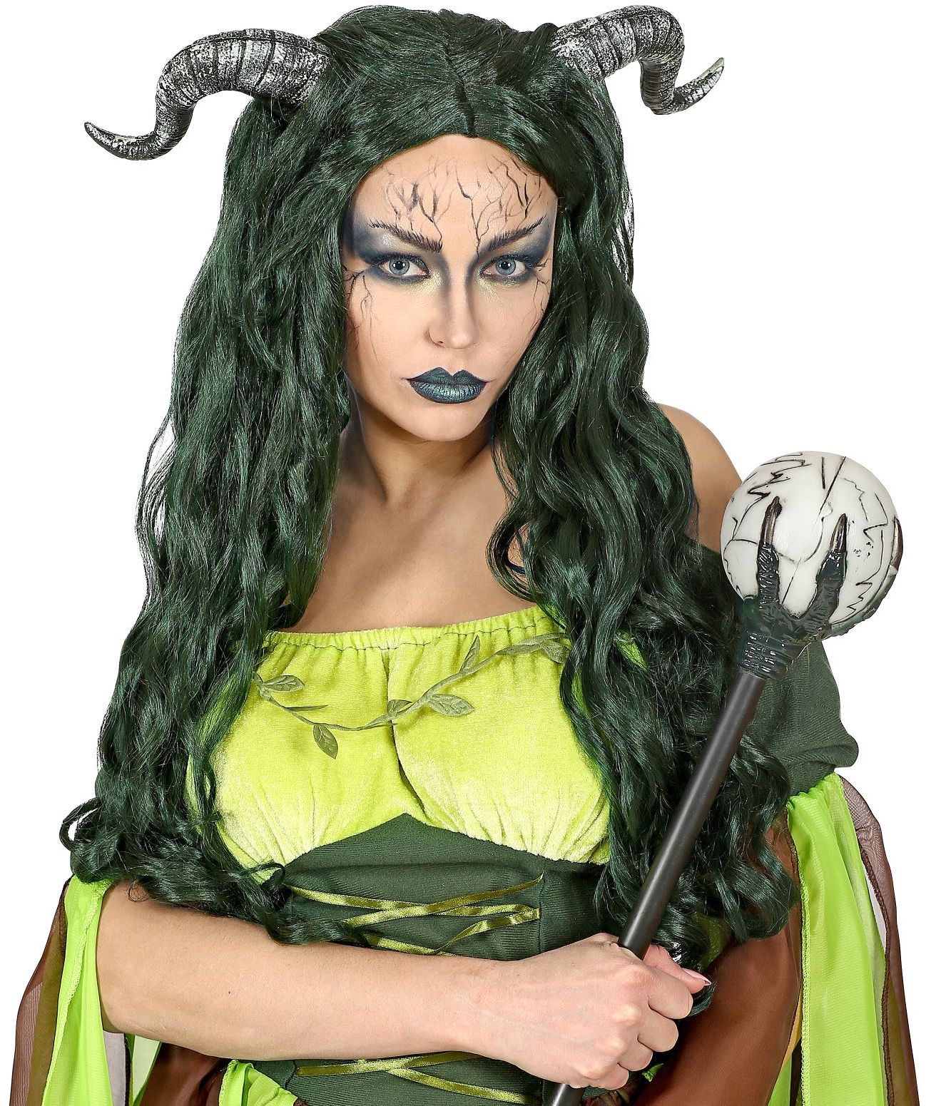 Groene Lange Heksen Pruik