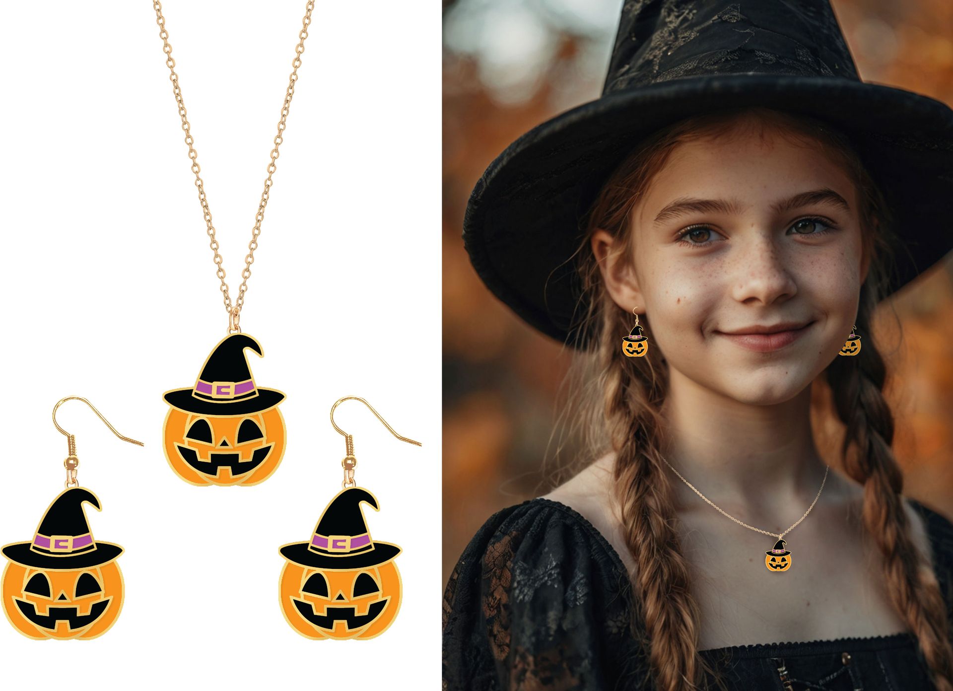 Halloween Oranje Pompoen Oorbellen en Halsketting Kind