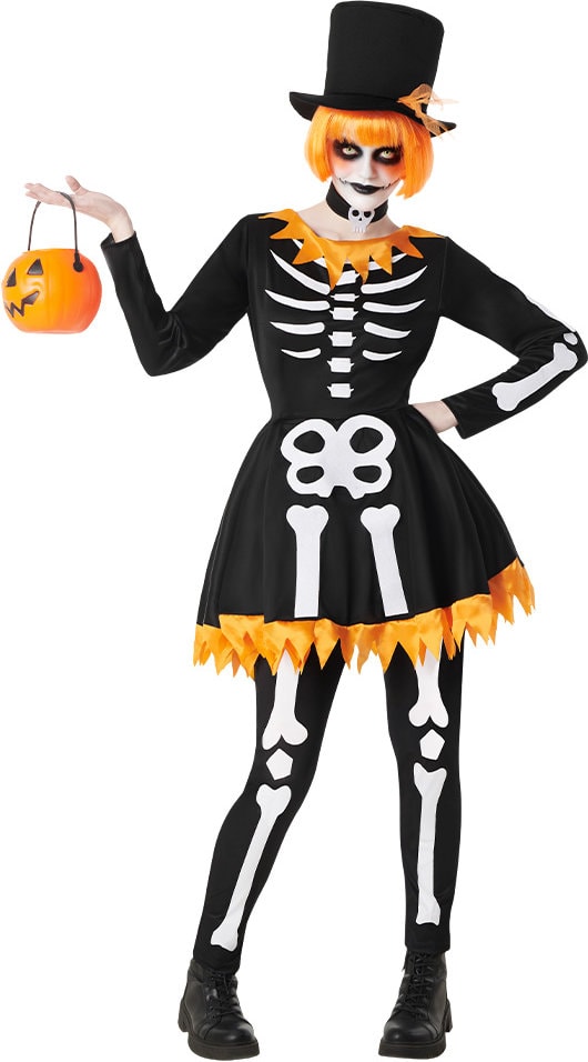 Halloween Skelet Dames Jurk Zwart met Oranje Randen