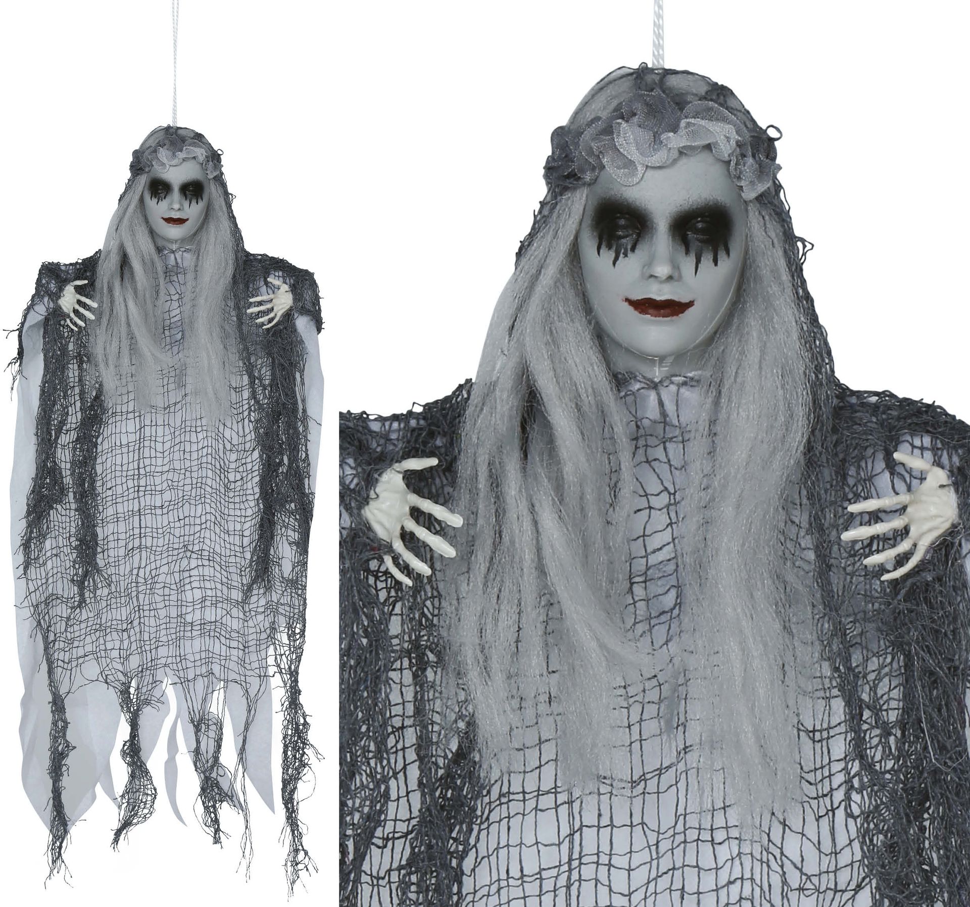 Halloween Skelet Hangende Grijze Zombie Vrouw 50cm