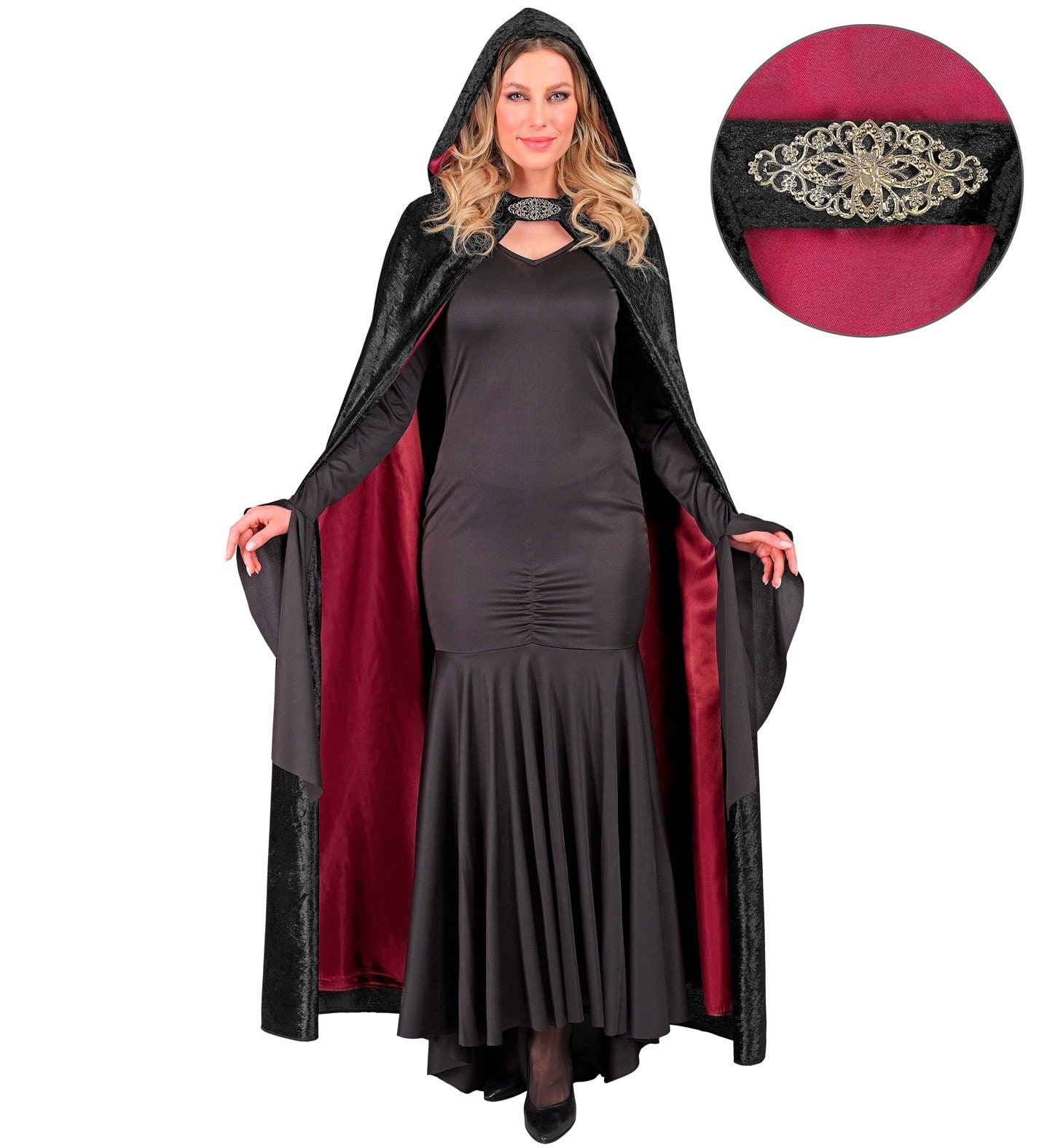 Halloween Zwarte Hooded Cape met Rode Voering