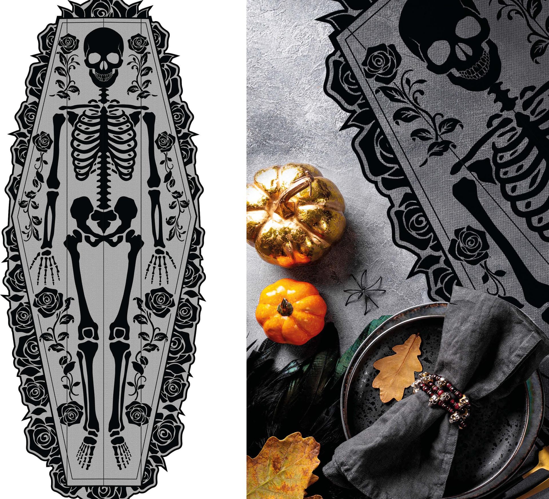 Halloween Zwarte Skelet Dodskist Tafelloper