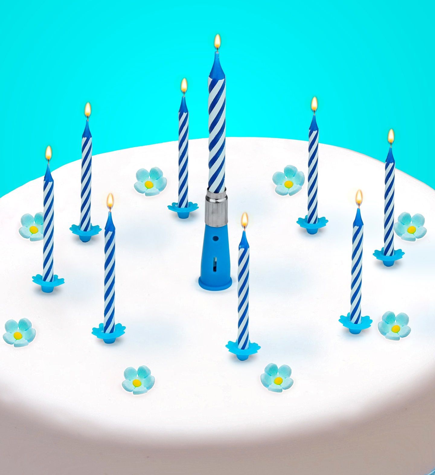 Happy birthday muziek kaars met taartkaarsen blauw