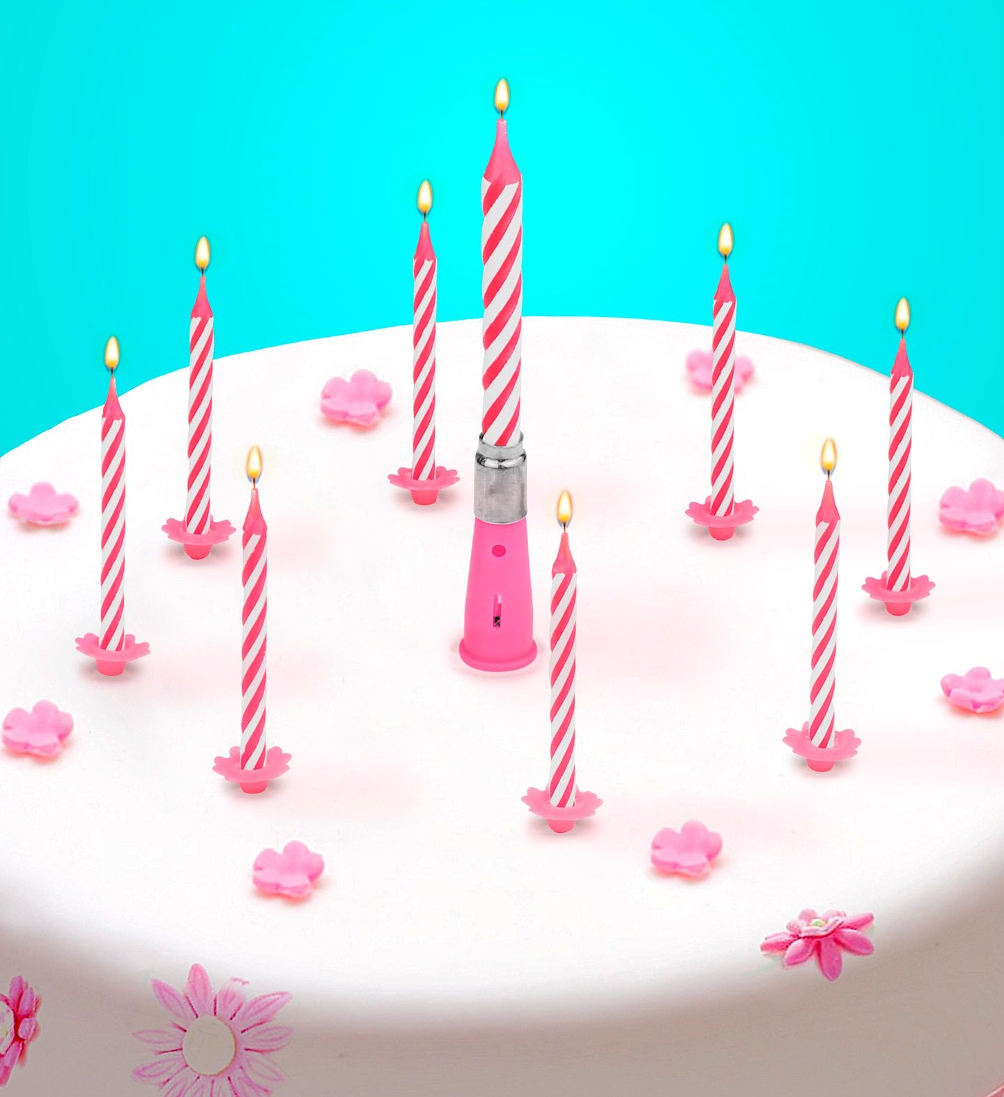 Happy birthday muziek kaars met taartkaarsen roze
