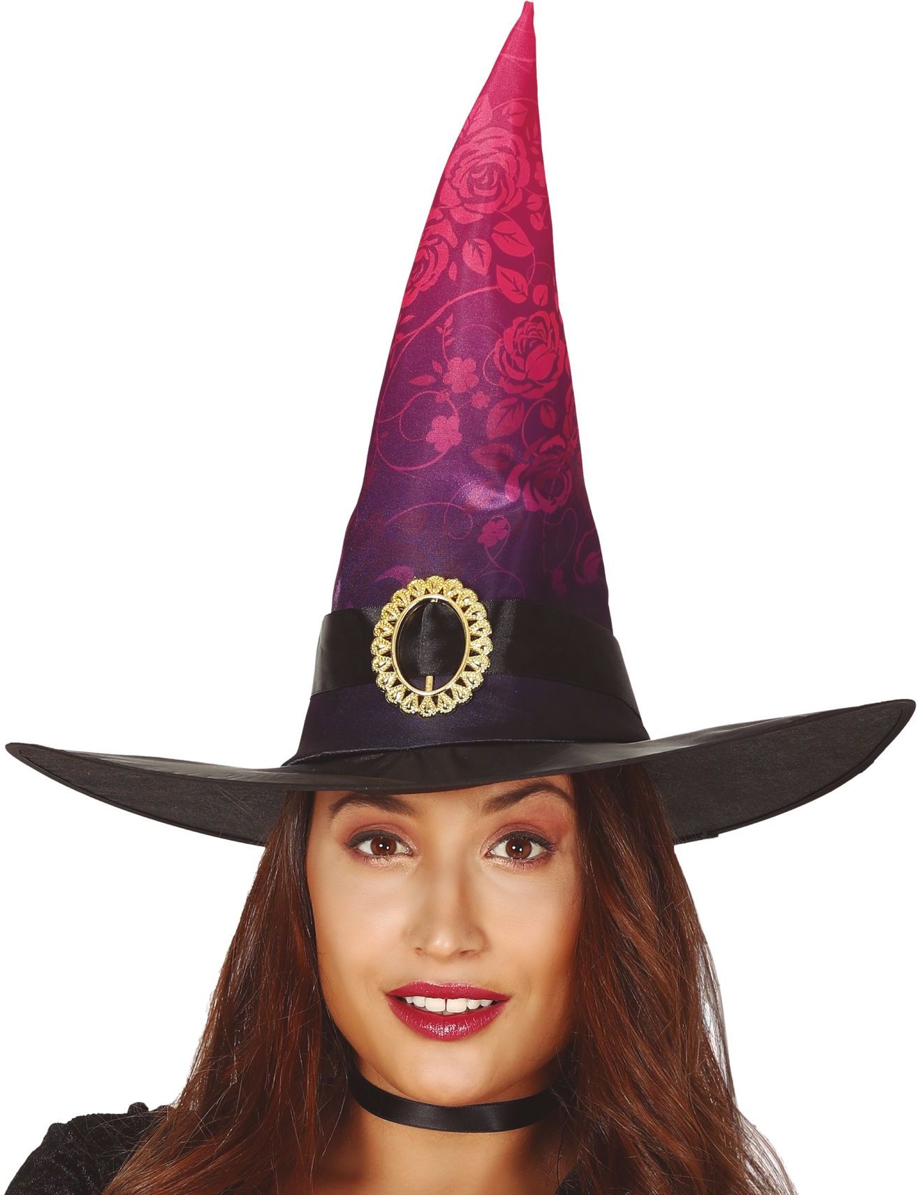 Heksenhoed Roze Zwart met Bloemen