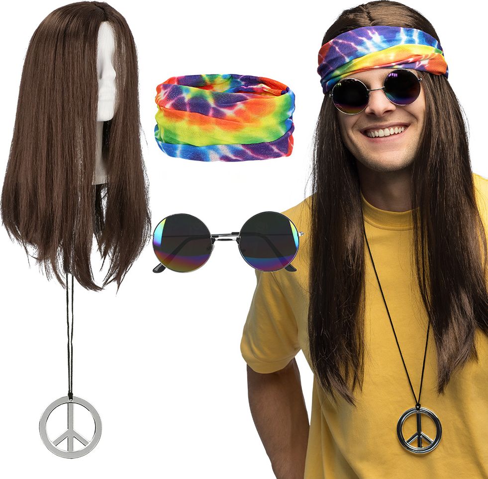 Hippie Woodstock Accessoireset Heren Pruik Bril Hoofdband