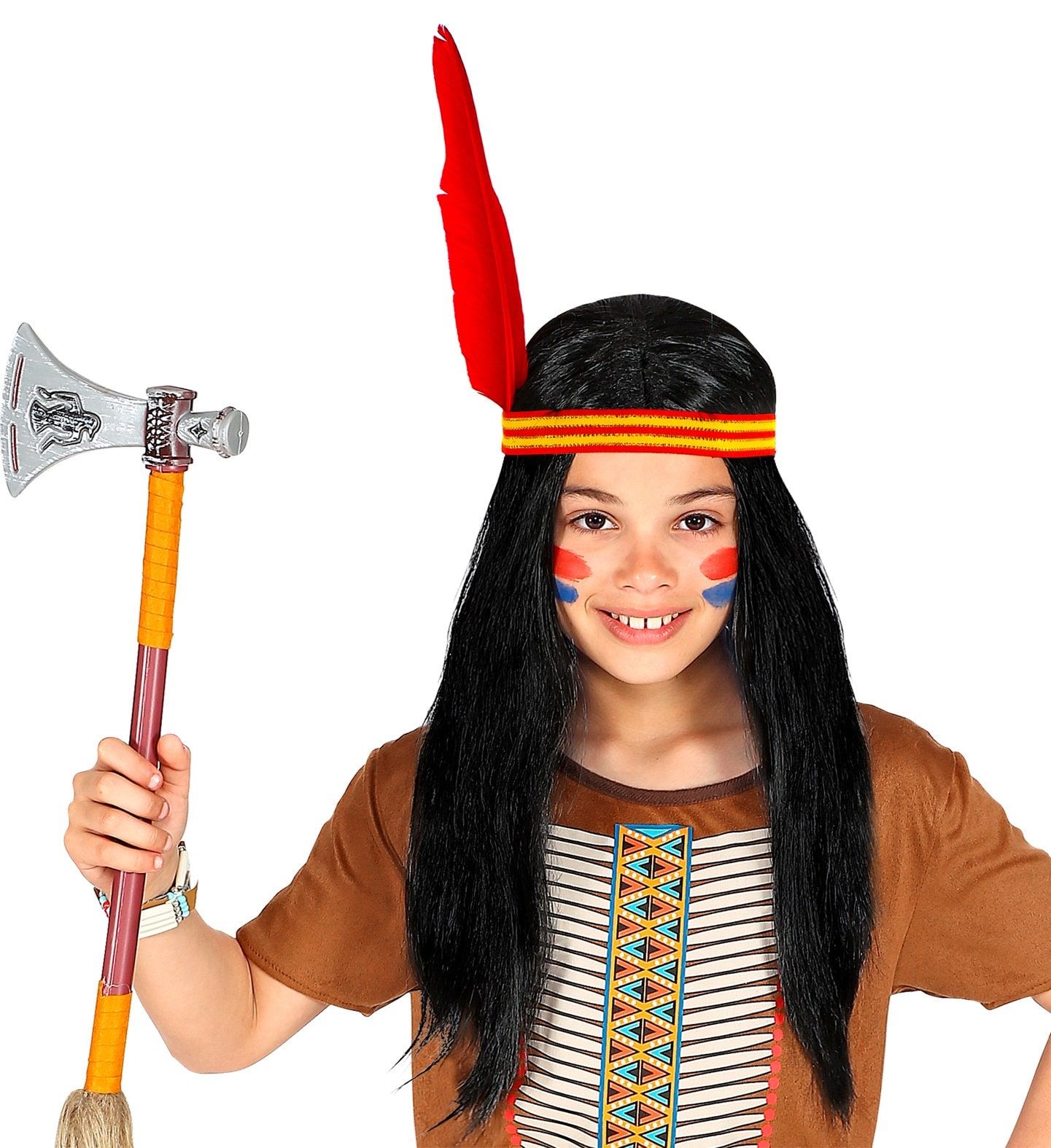 Indianen Pruik met Hoofdband en Veer Jongens