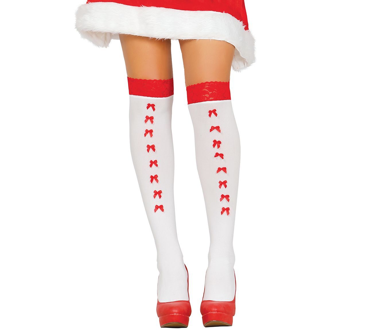 Kerstvrouw Kniekousen met Rode Strikjes