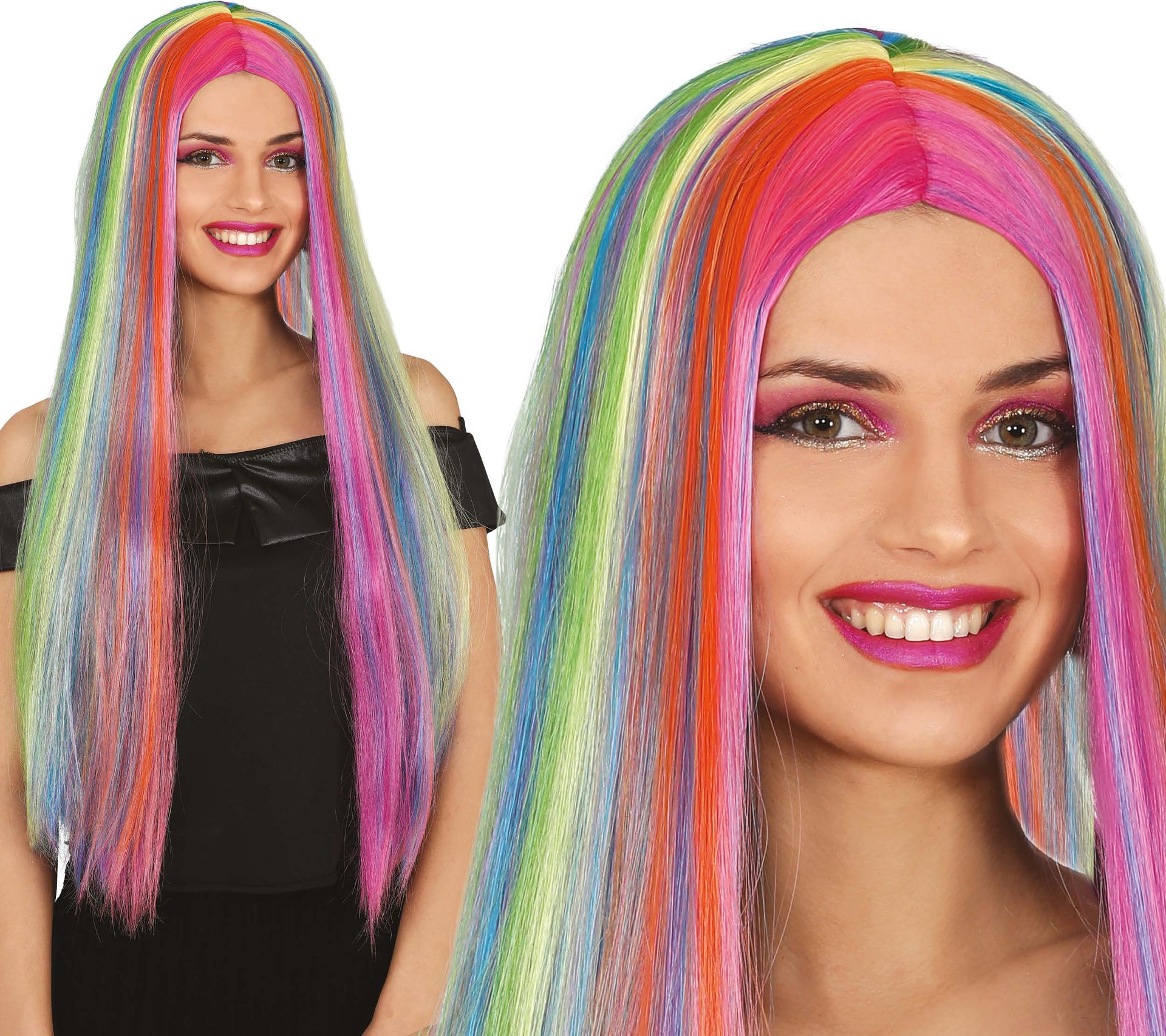 Kleurrijke Dames Regenboog Pruik Lang Stijl