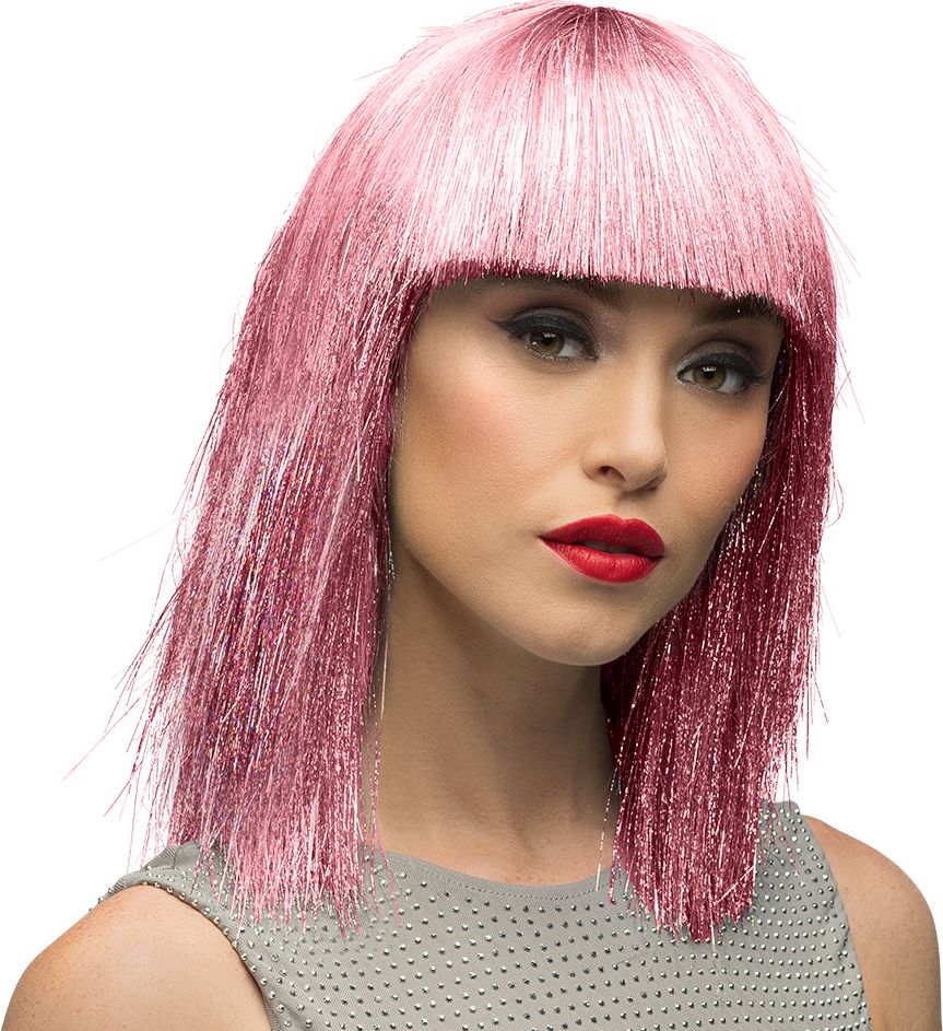 Korte Roze Glitter Damespruik