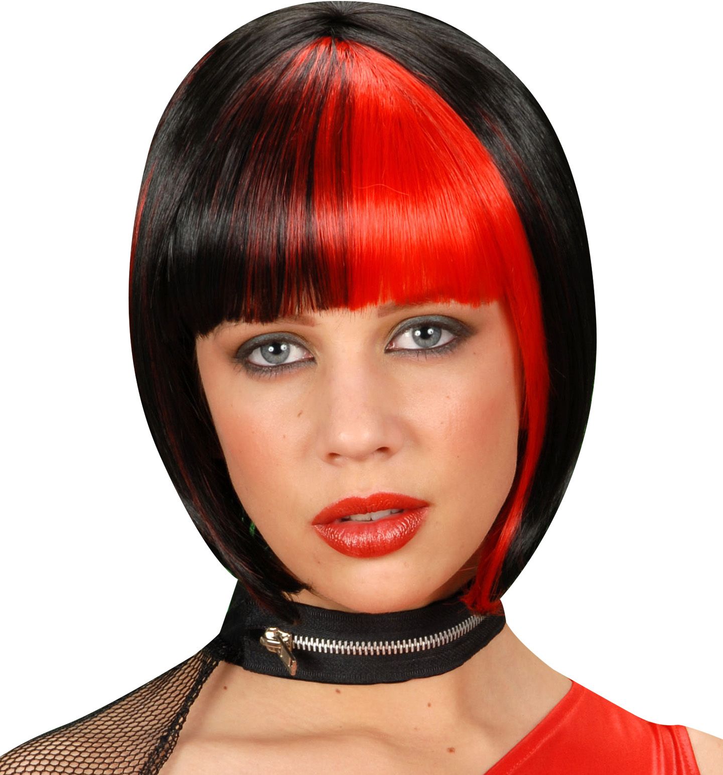 Korte Zwart-Rode Pruik
