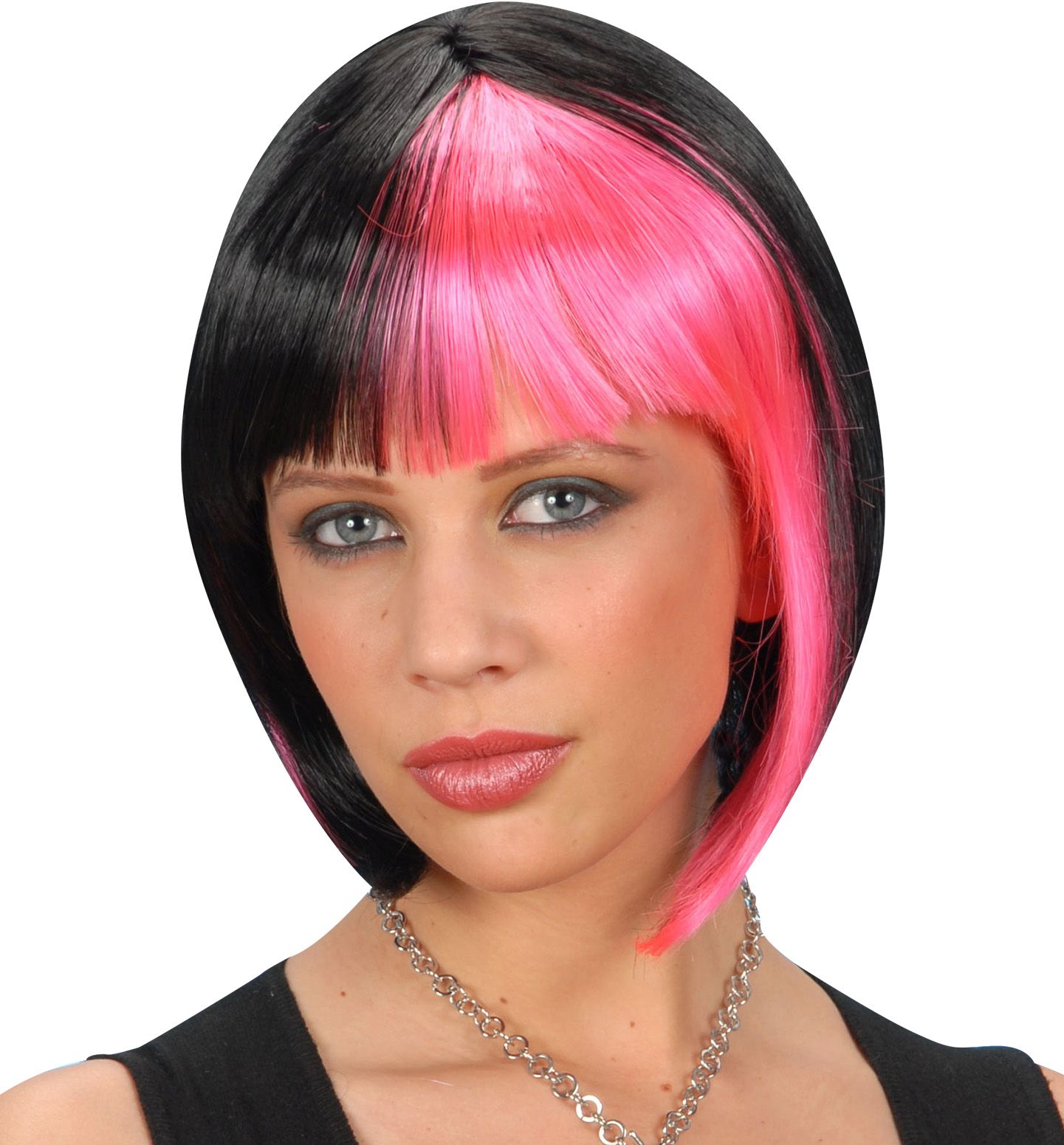 Korte Zwart-Roze Pruik
