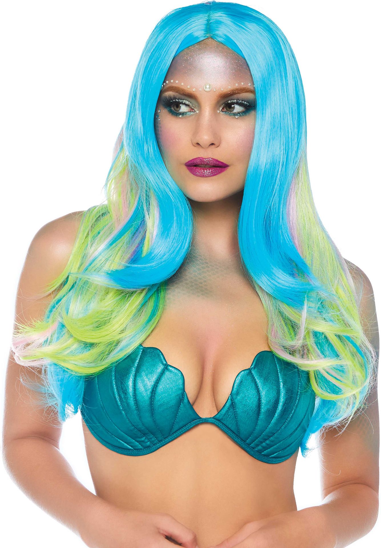 Lange Blauw Groene Pruik