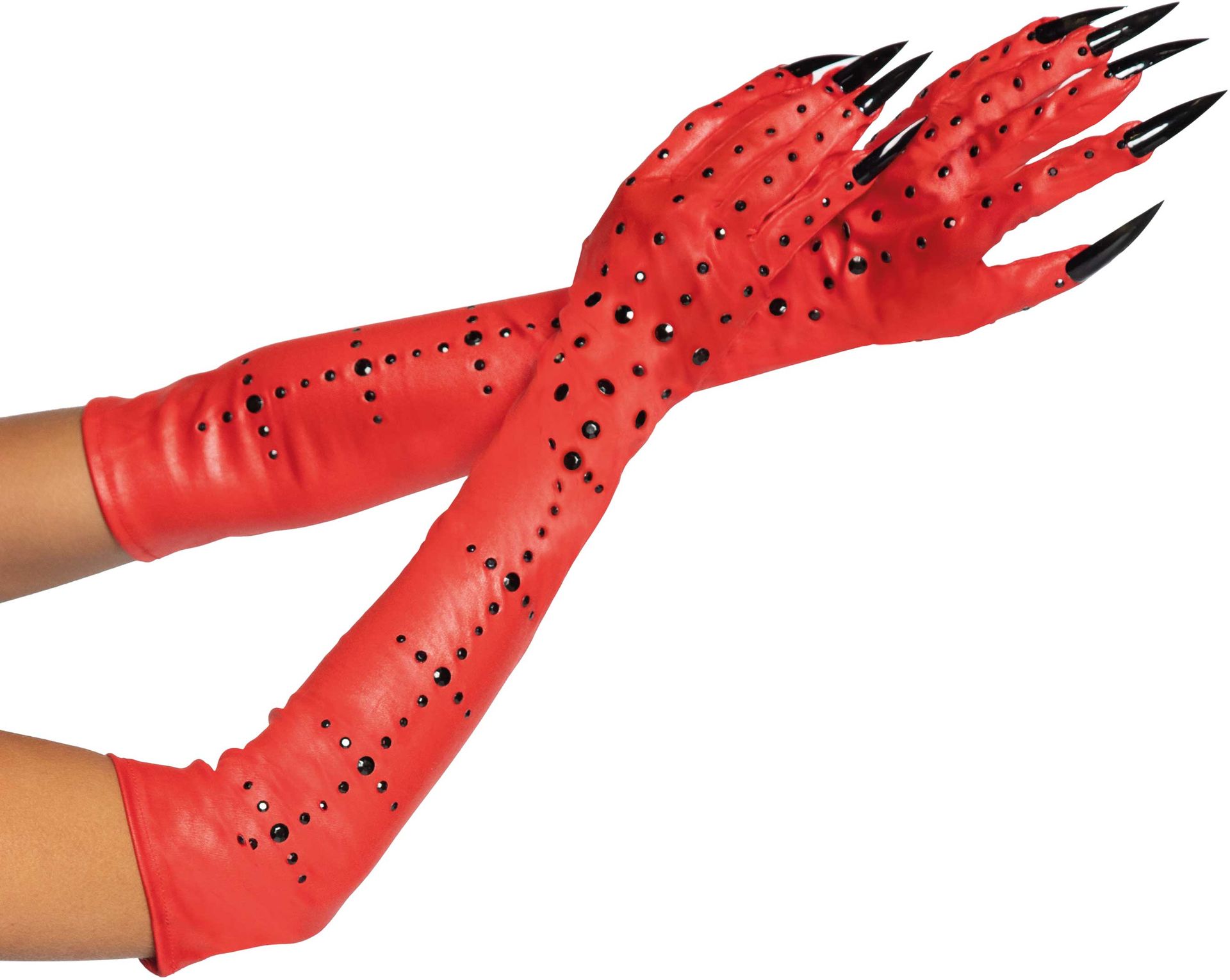 Lange duivel handschoenen met nagels en steentjes