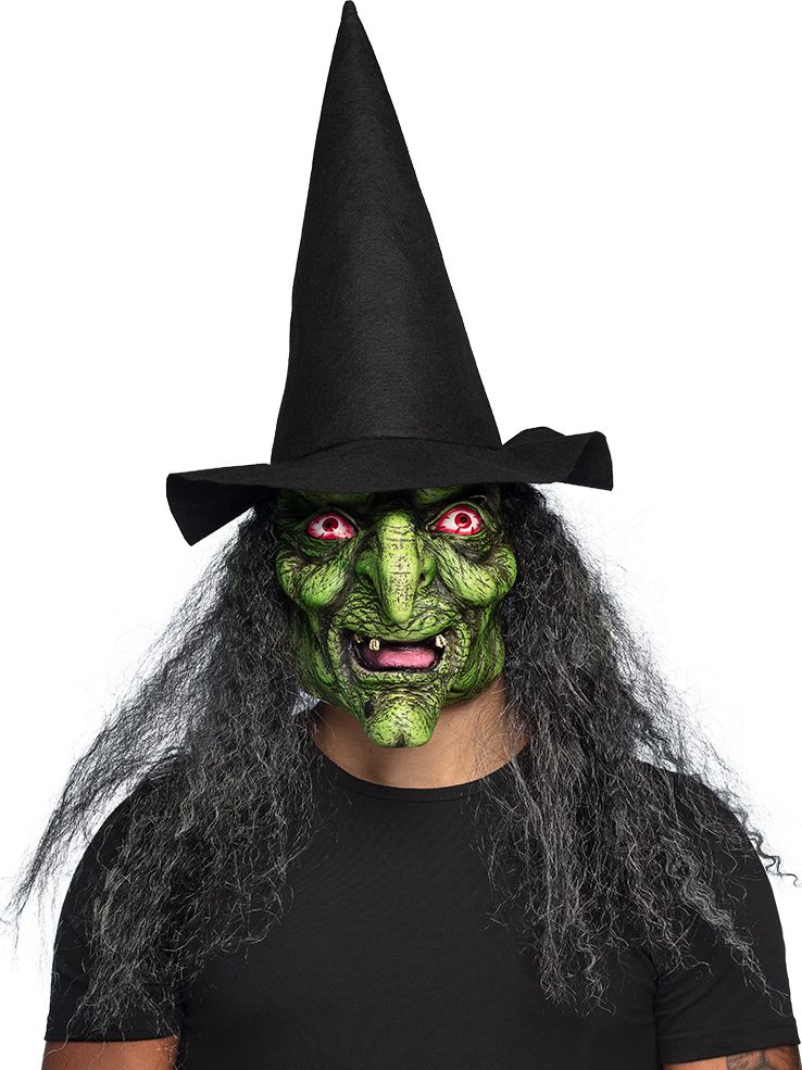 Latex Hoofdmasker Heks Lucinda met Hoed en Haar