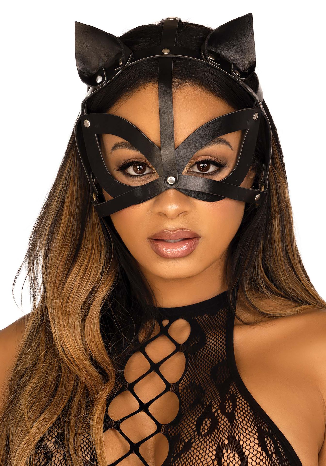 Leren Kat Masker met Studs Zwart