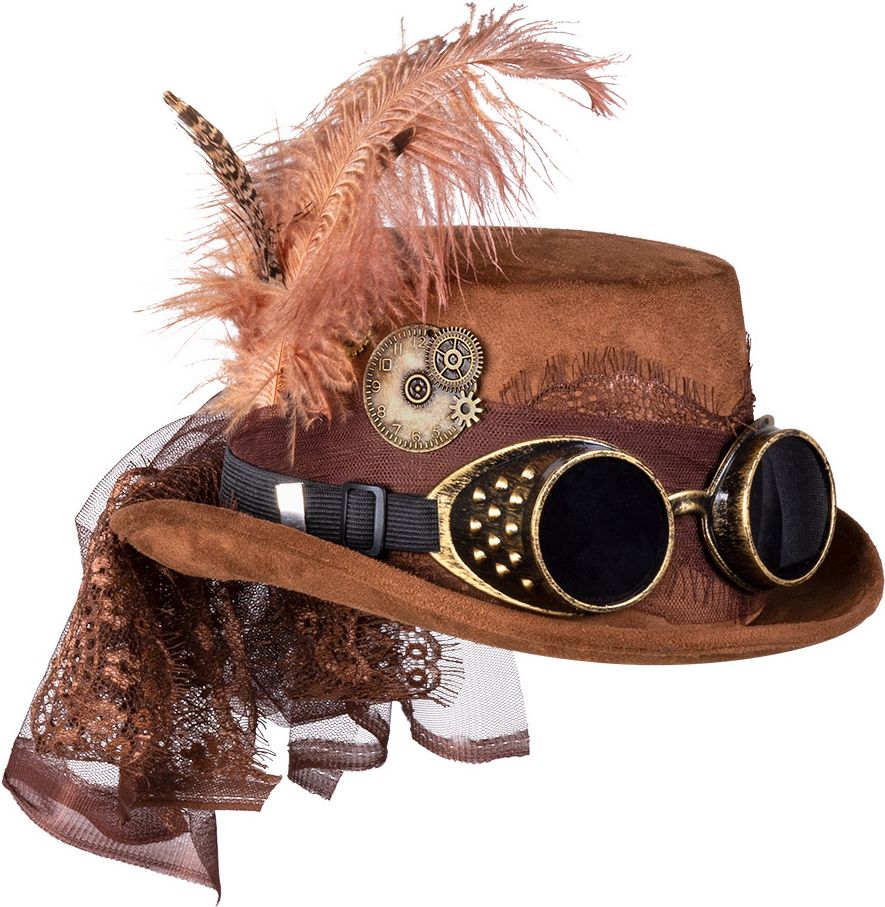 Luxe steampunk hoed bruin met veer