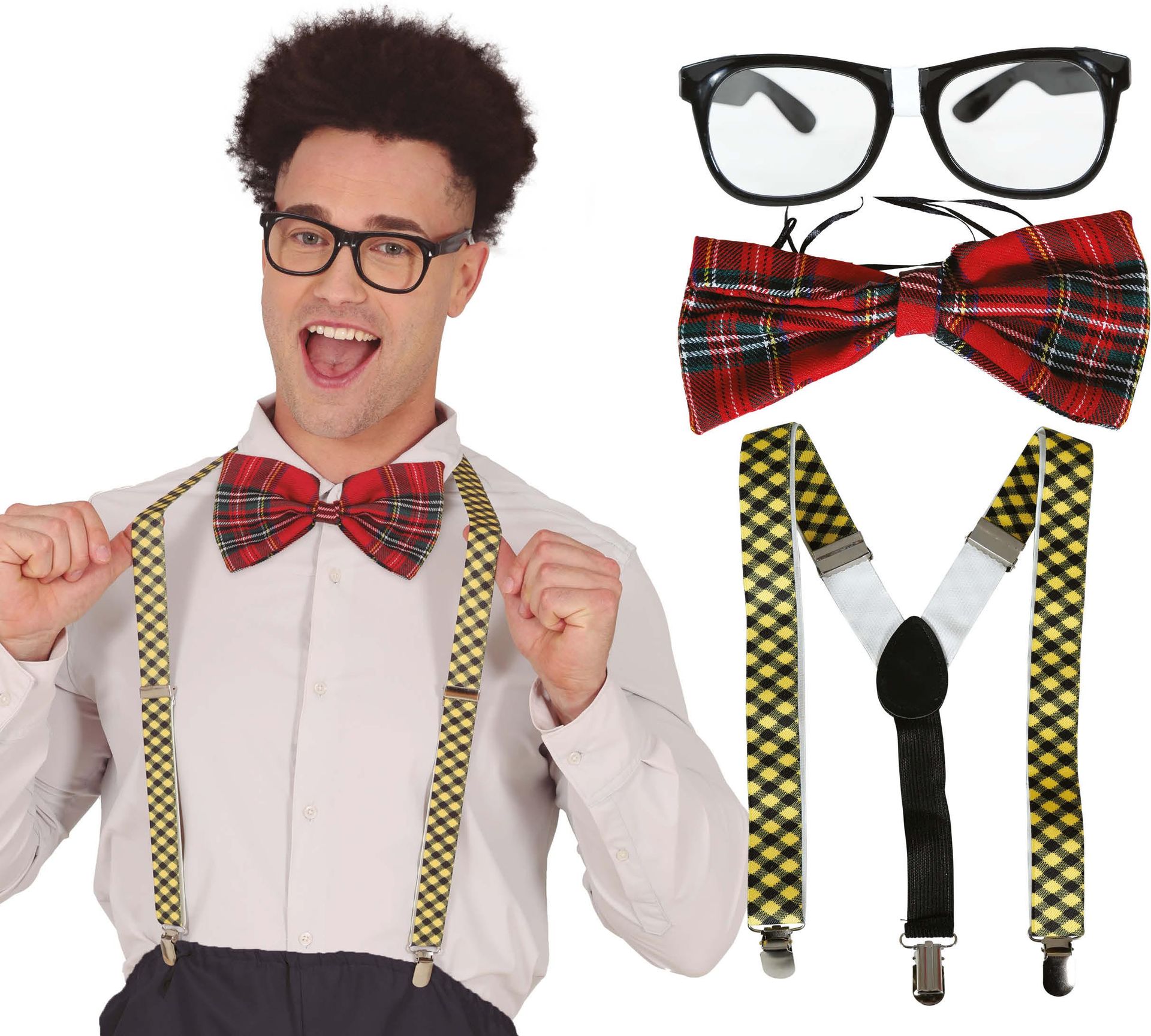 Meerkleurige Nerd Set Bril Strikje Bretels