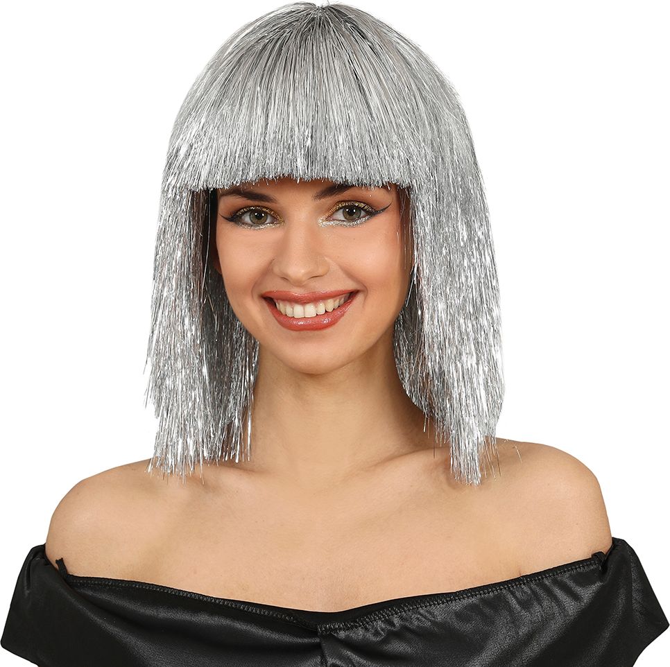 Metallic Zilveren Pruik met Pony