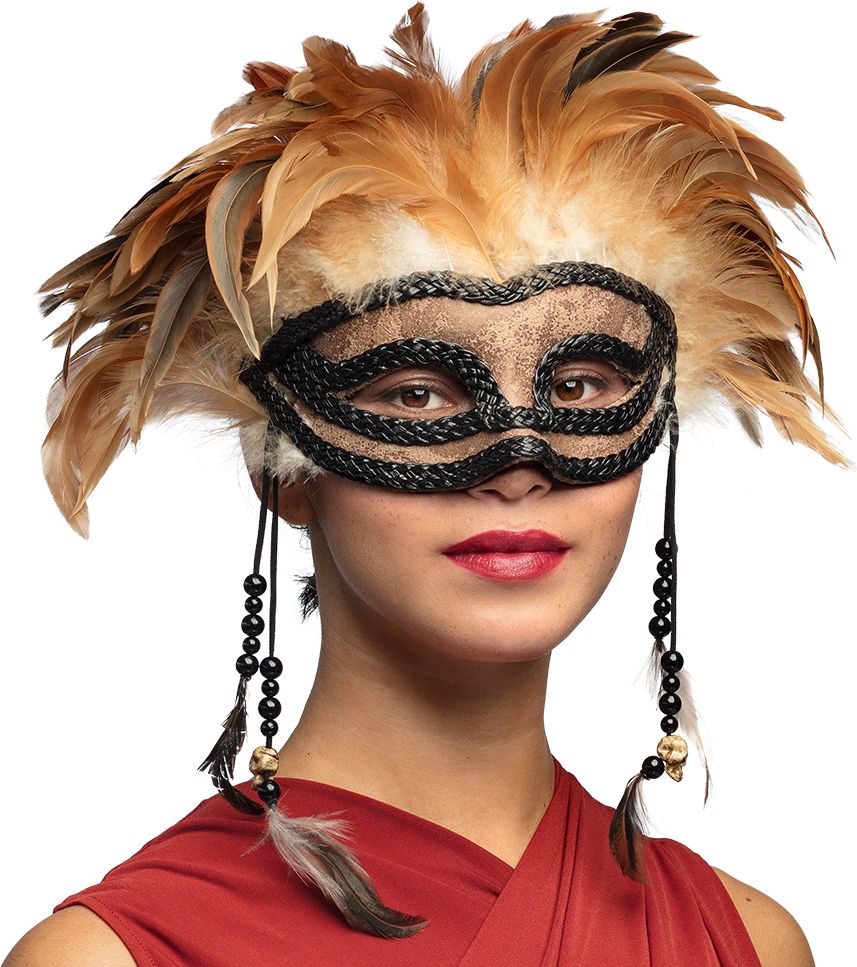 Mystiek Bruin Voodoo Masker met Veren