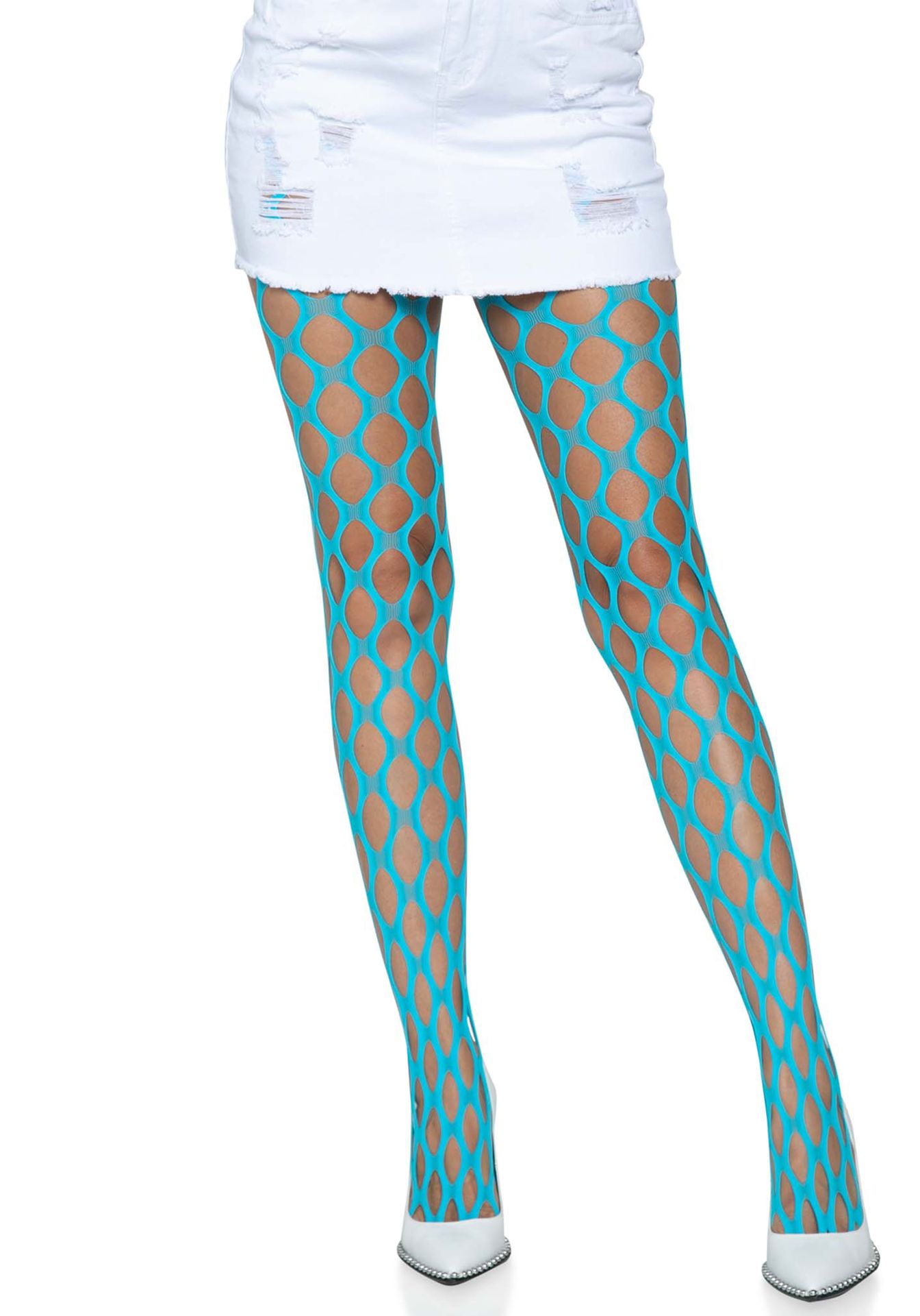 Neon Blauwe Panty met Grote Gaten