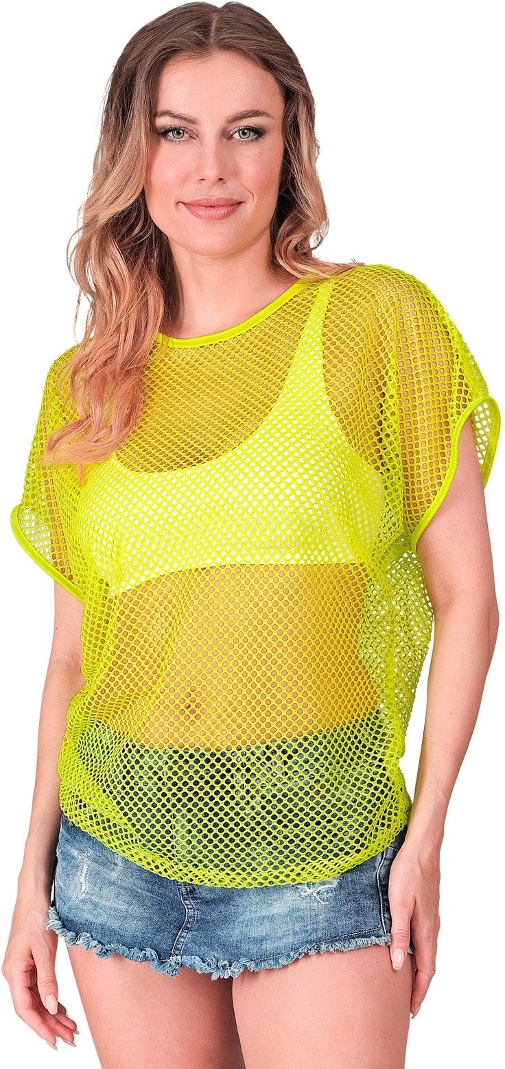 Neon Gele 80s Dames Carnaval Visnet Shirt