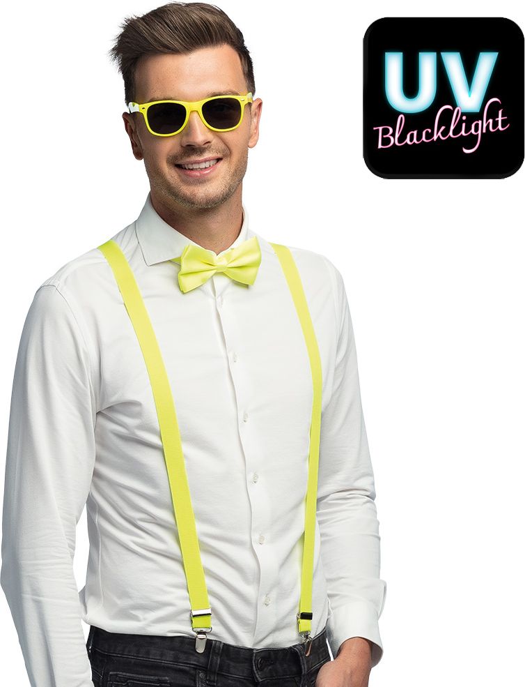 Neon Gele Accessoiresset Bril Strik Bretels
