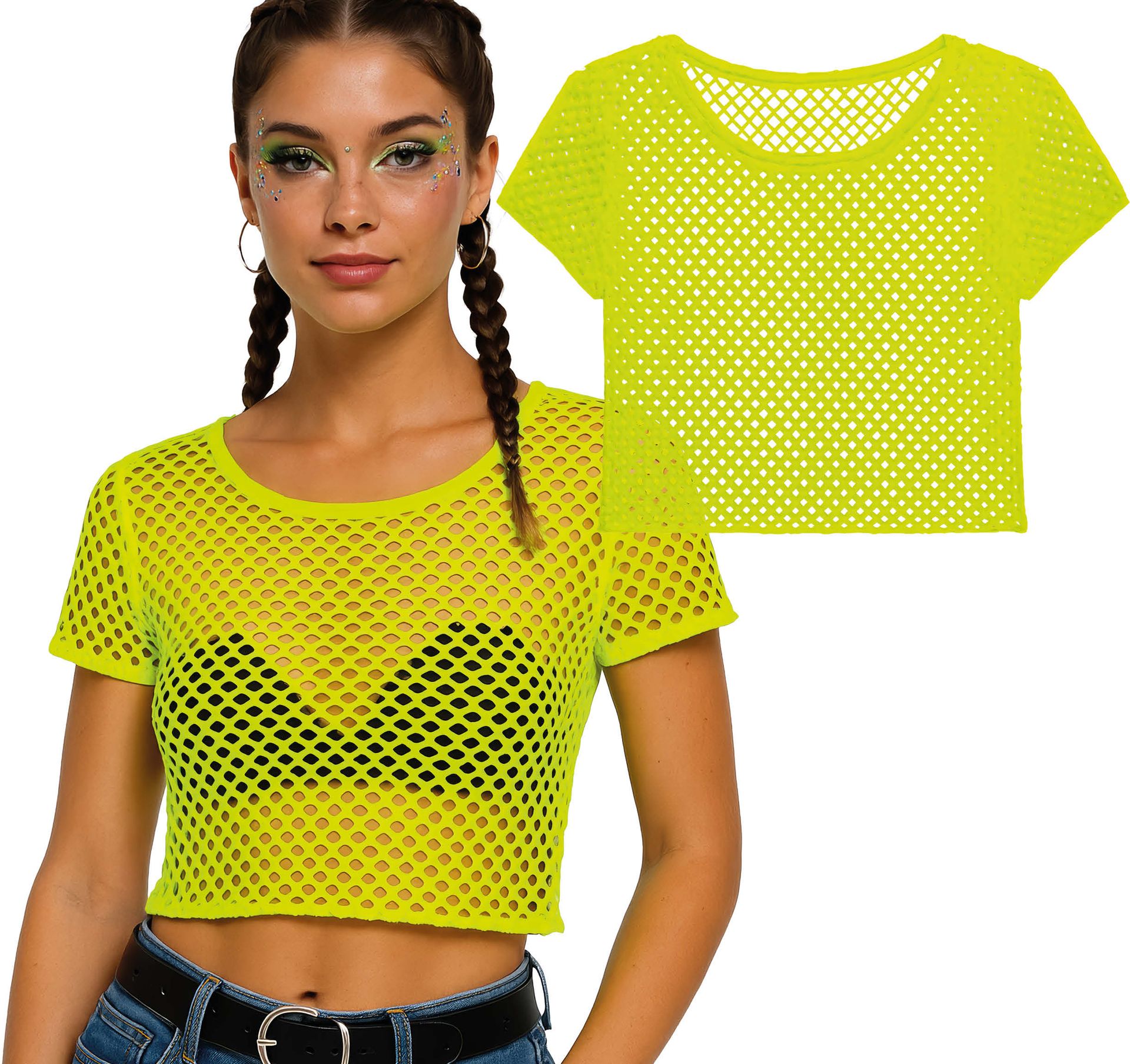 Neon Gele Visnet T-Shirt 80's Dames