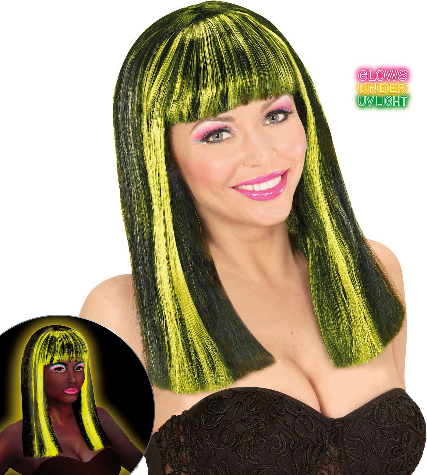 Neon Gele-Zwarte Gestreepte Pruik
