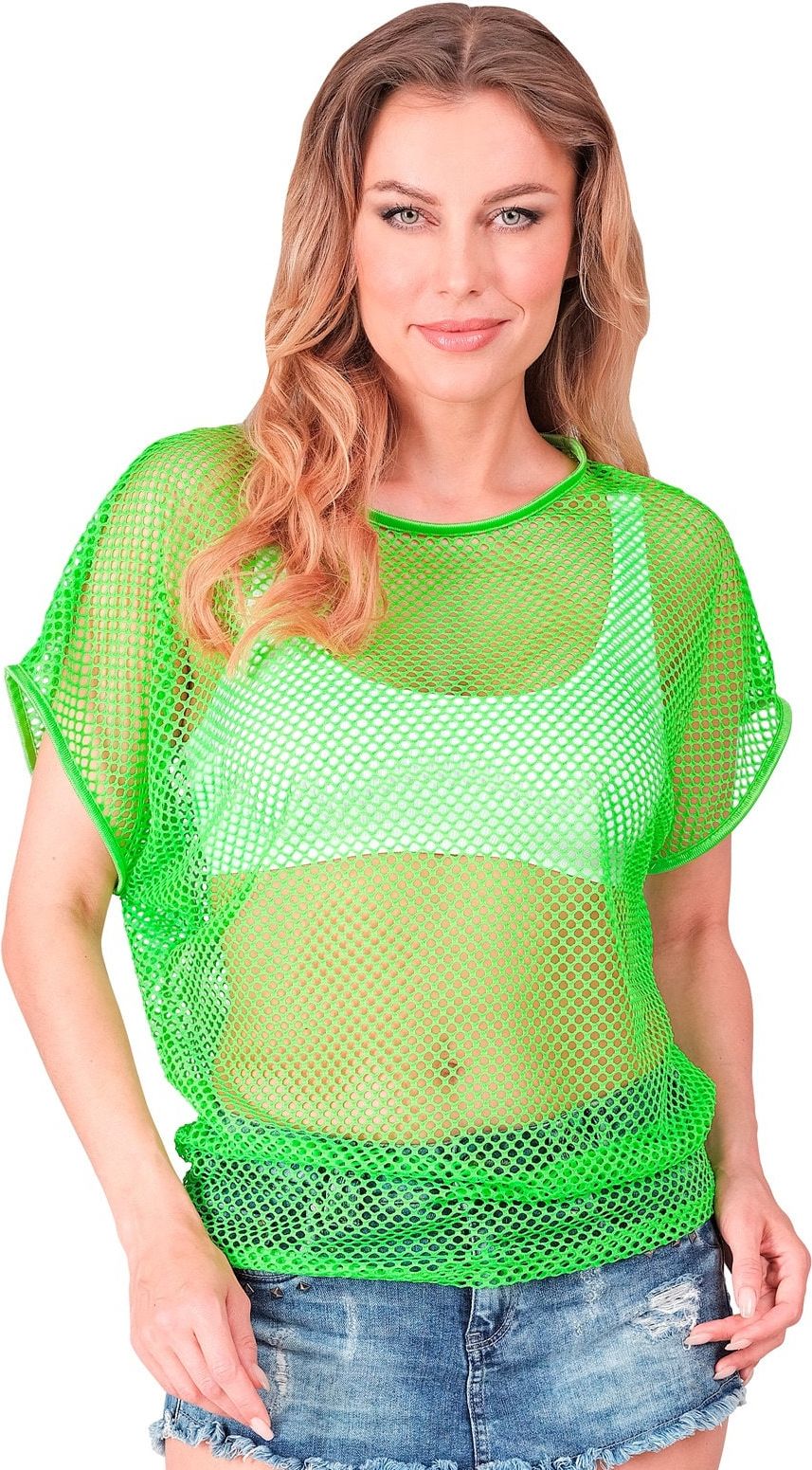 Neon Groene 80s Dames Carnaval Visnet Shirt