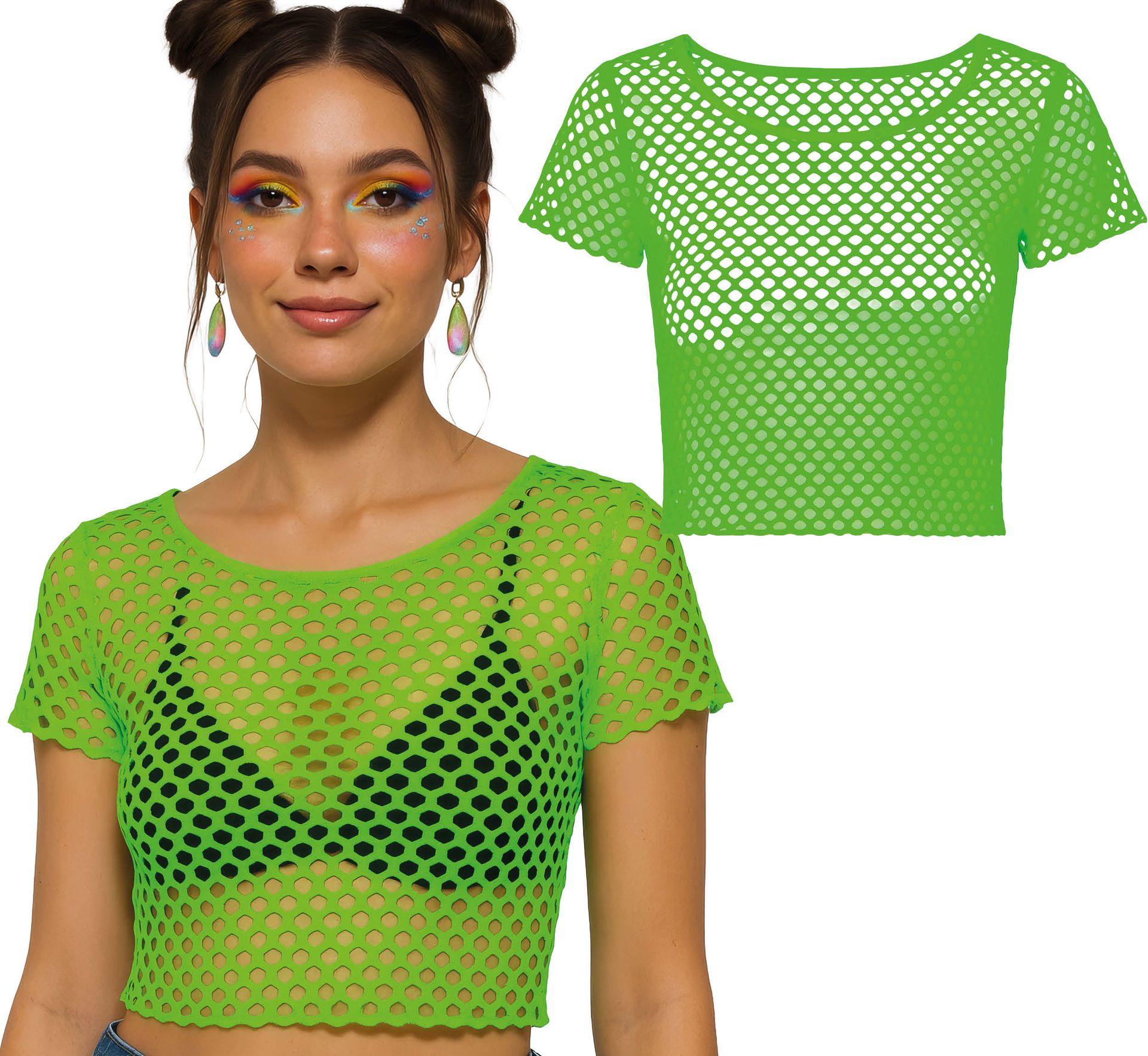 Neon Groene Visnet T-Shirt 80's Dames