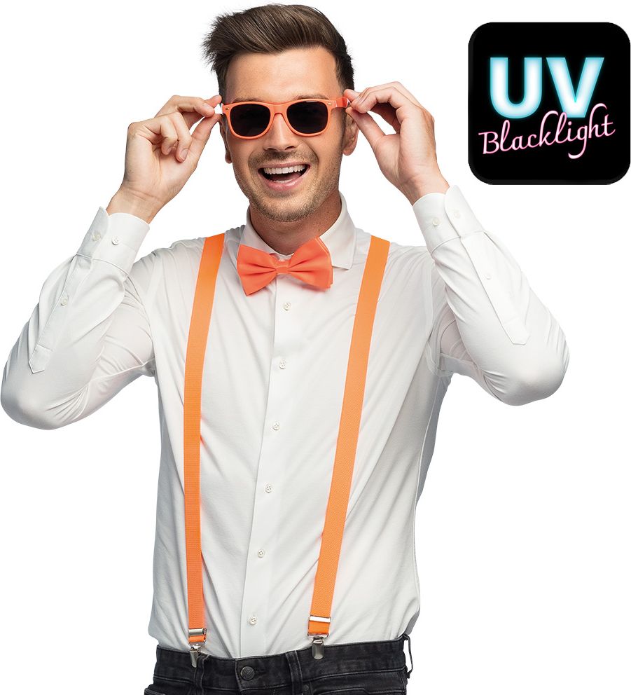 Neon Oranje Accessoiresset Bril Strik Bretels