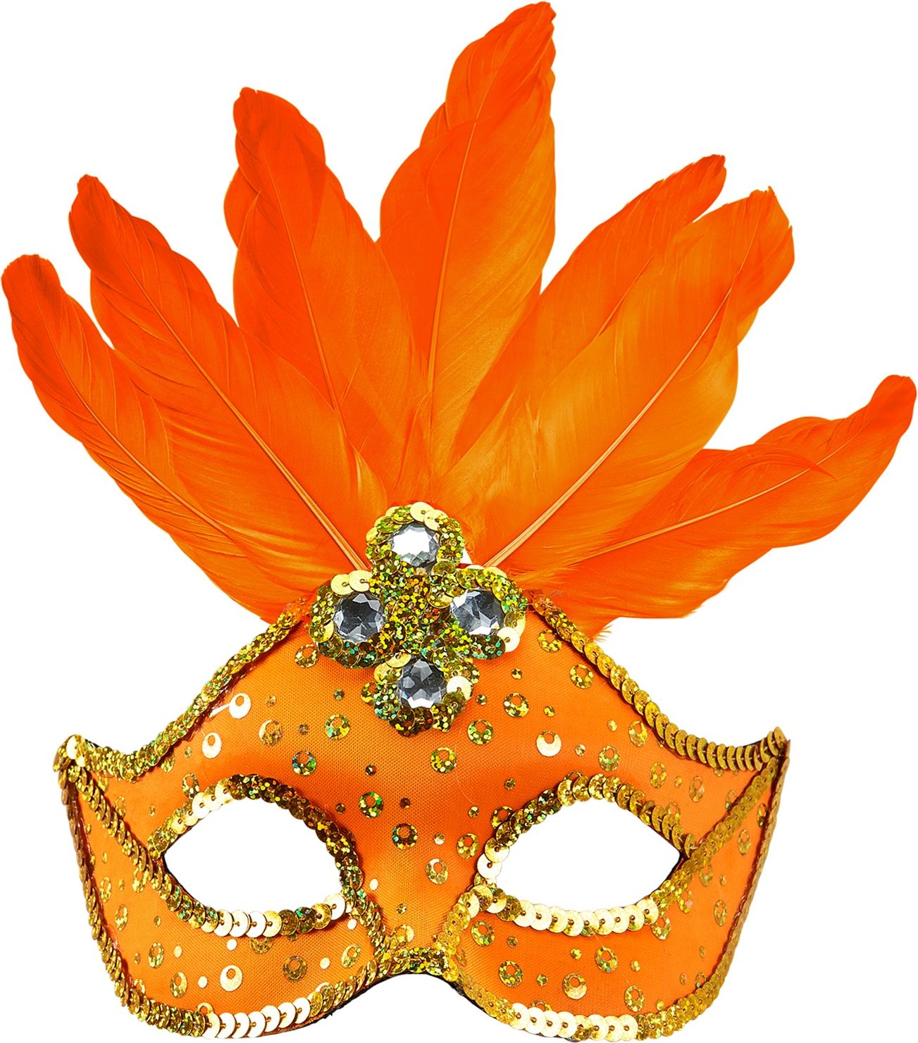 Neon Oranje Braziliaans Oogmasker met Veren en Parels