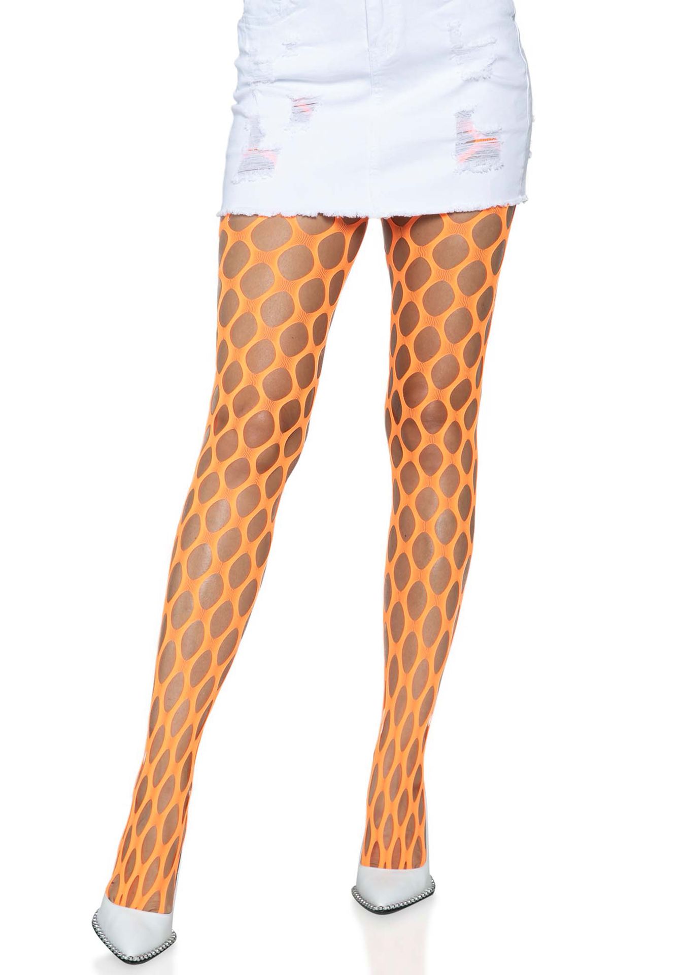Neon oranje panty met grote gaten