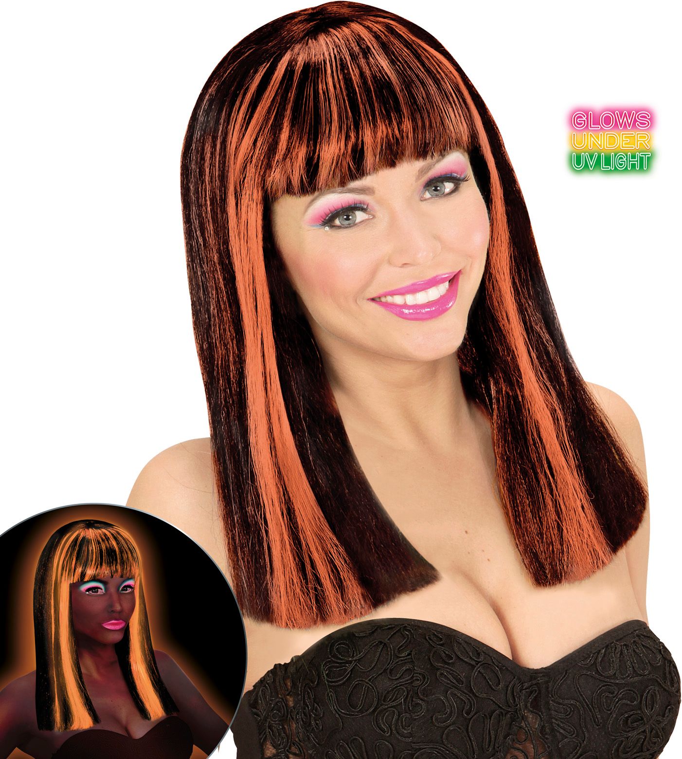 Neon Oranje-Zwarte Gestreepte Pruik