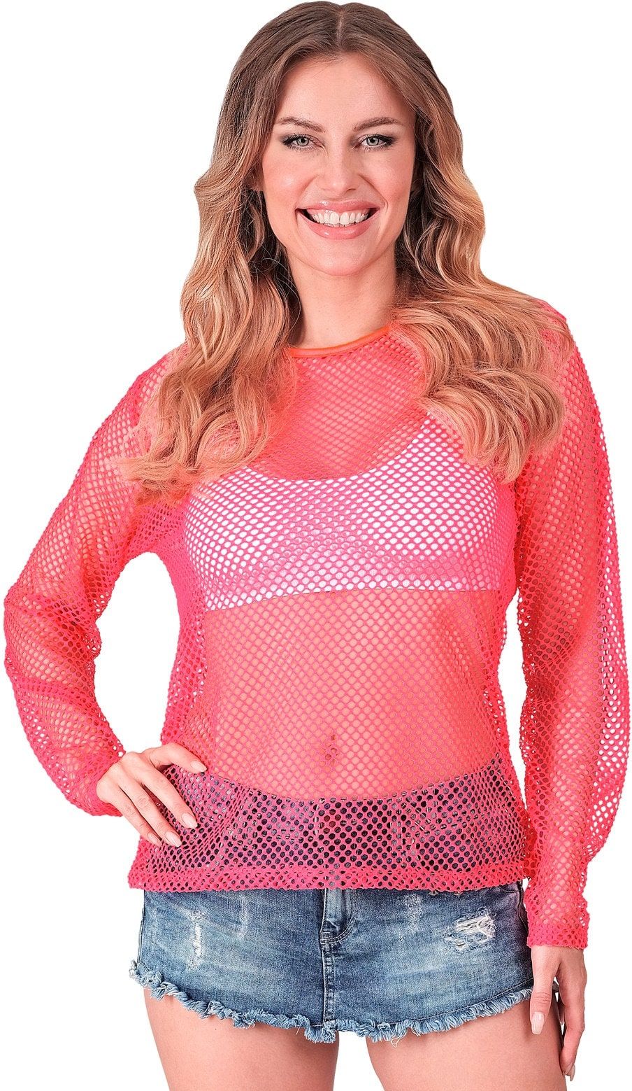 Neon Roze 80s Dames Carnaval Lange Mouwen Shirt