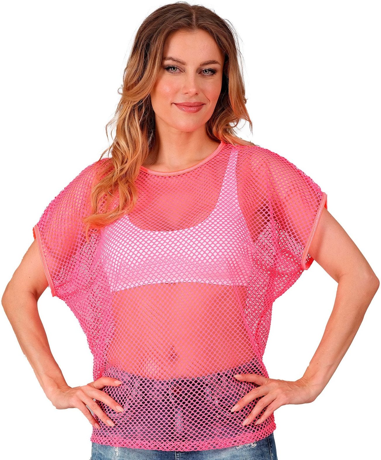 Neon Roze 80s Dames Carnaval Visnet Shirt