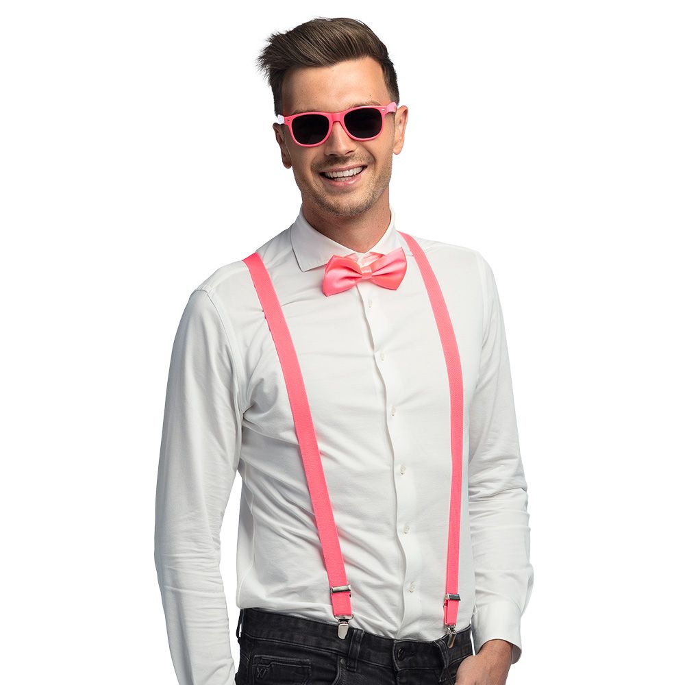 Neon roze accessoiresset Bril Strik Bretels