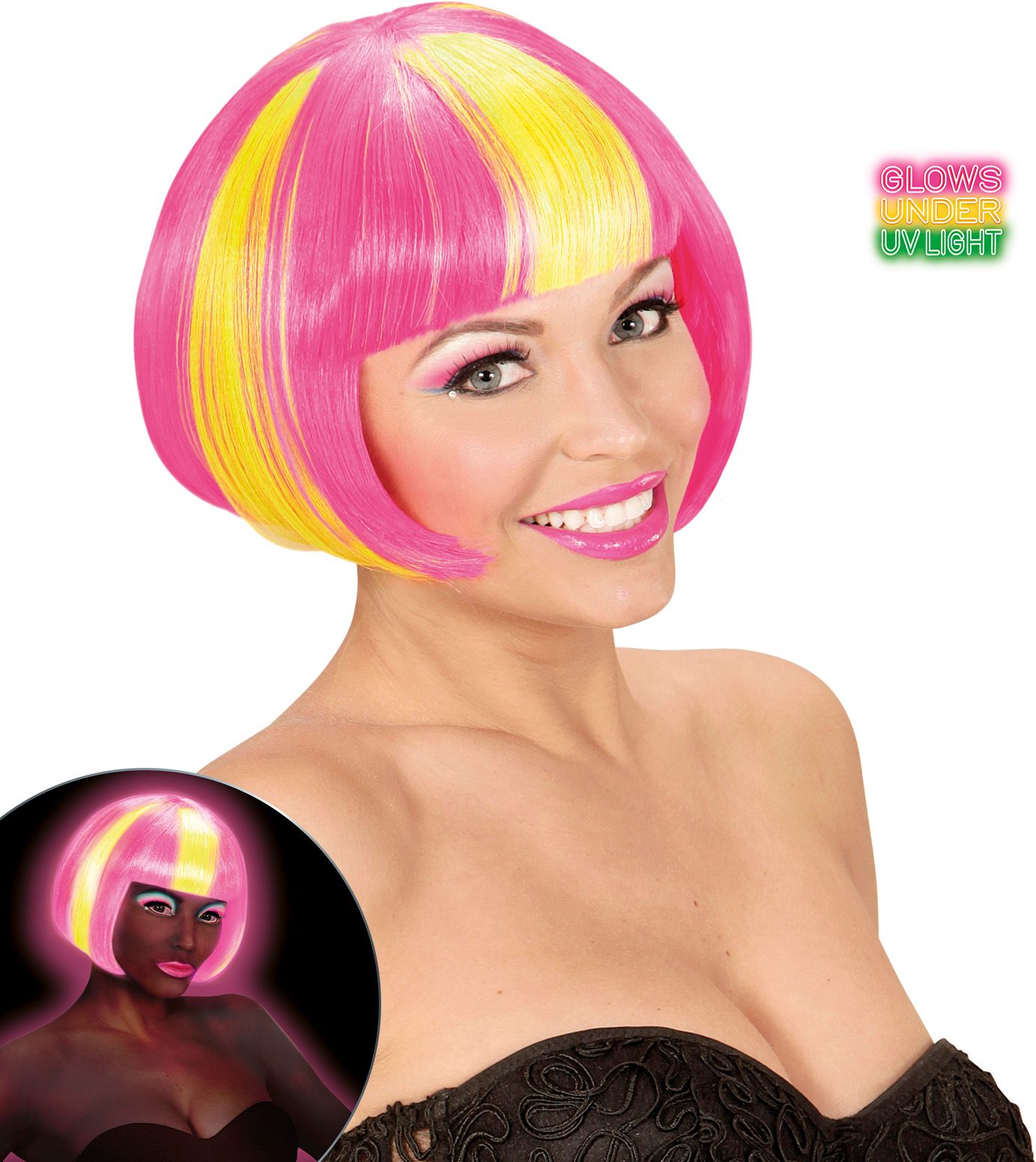 Neon Roze-Gele Gestreepte Pruik