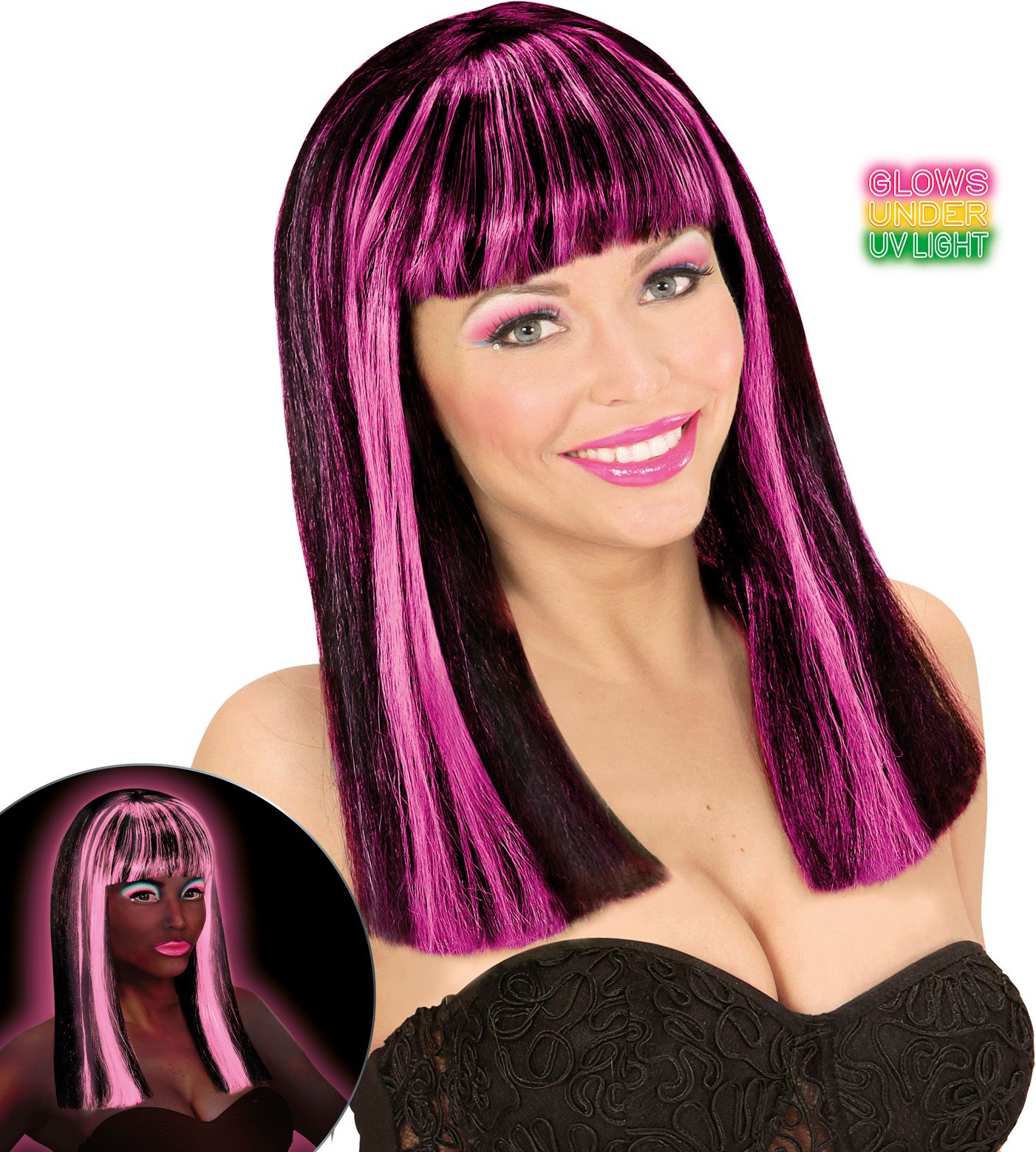 Neon Roze-Zwarte Gestreepte Pruik