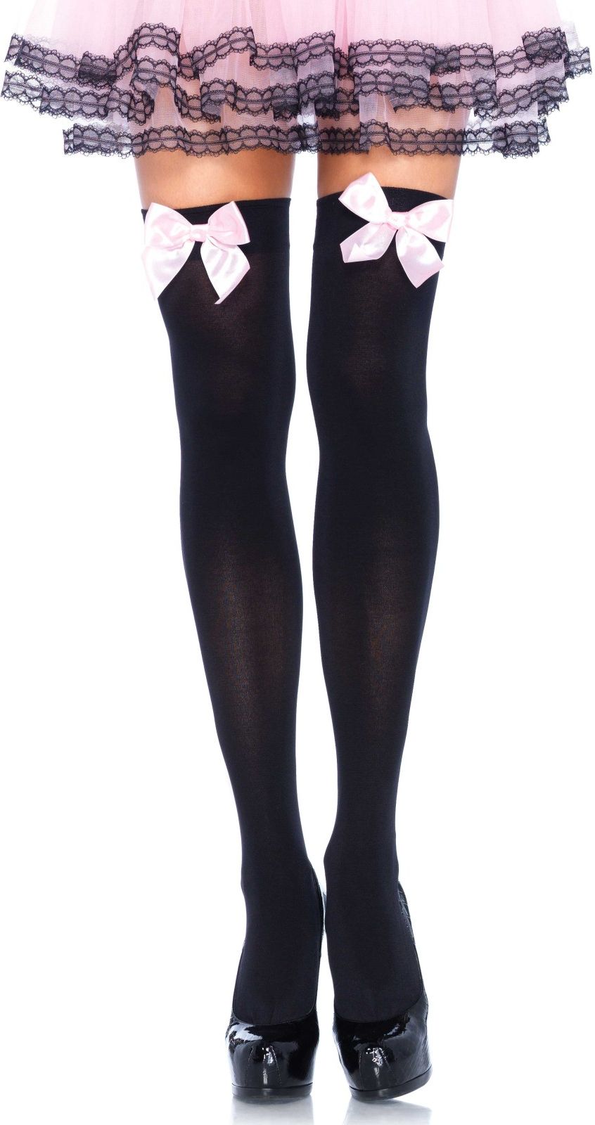 Nylon Kniekousen Roze met Zwarte Strik