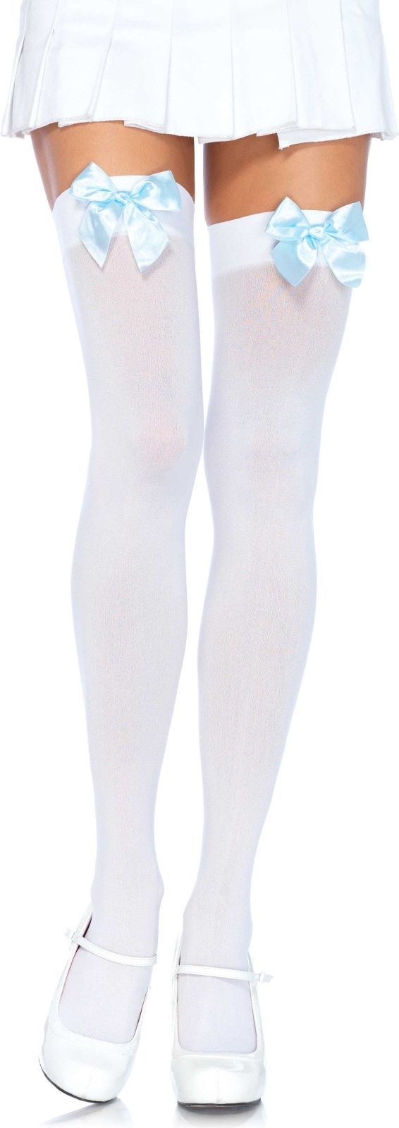 Nylon Kniekousen Wit met Blauwe Strik