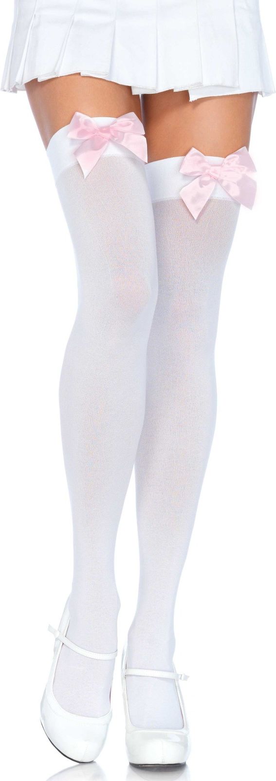 Nylon Kniekousen Wit met Roze Strik