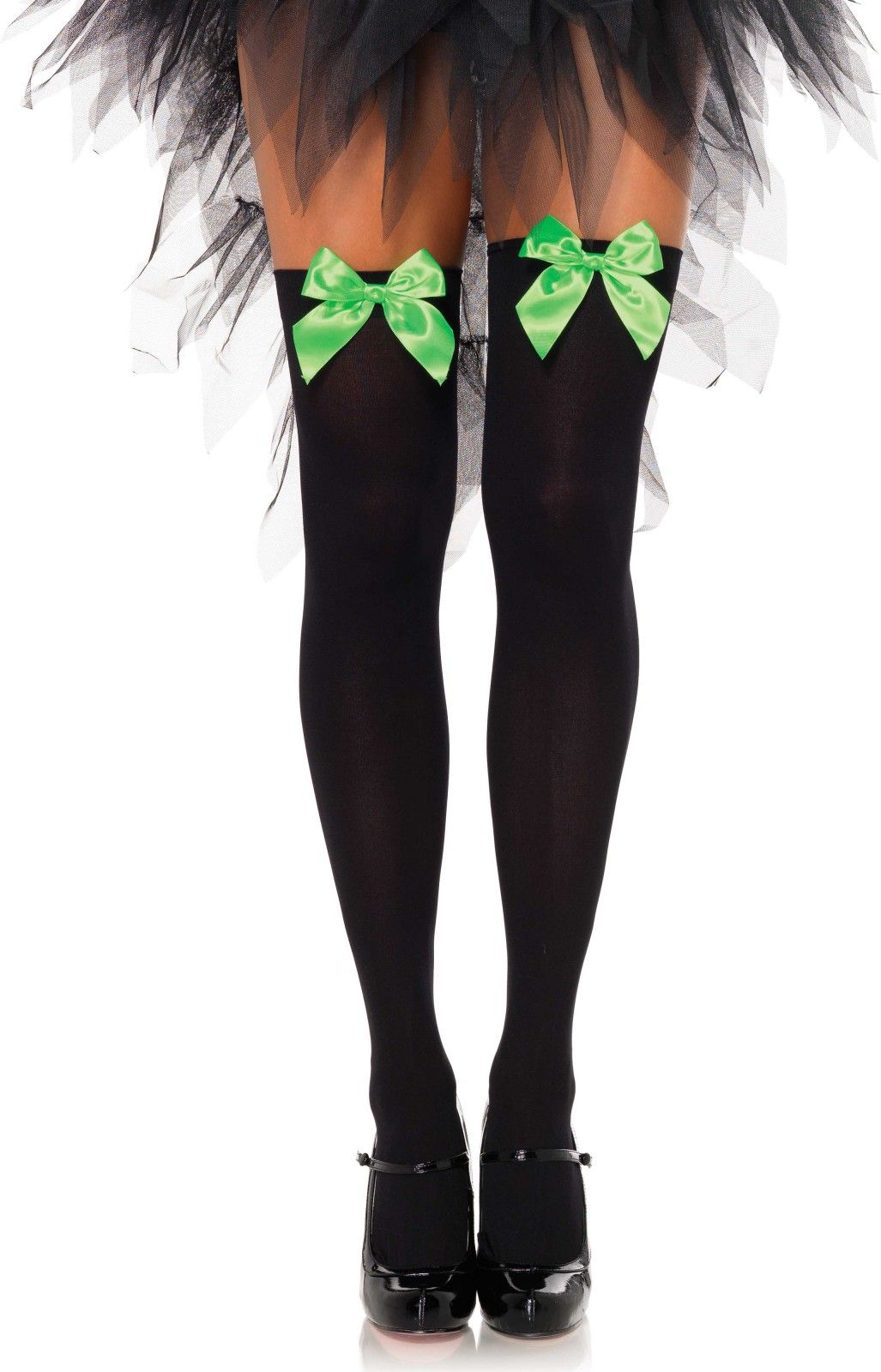 Nylon Kniekousen Zwart met Groene Strik